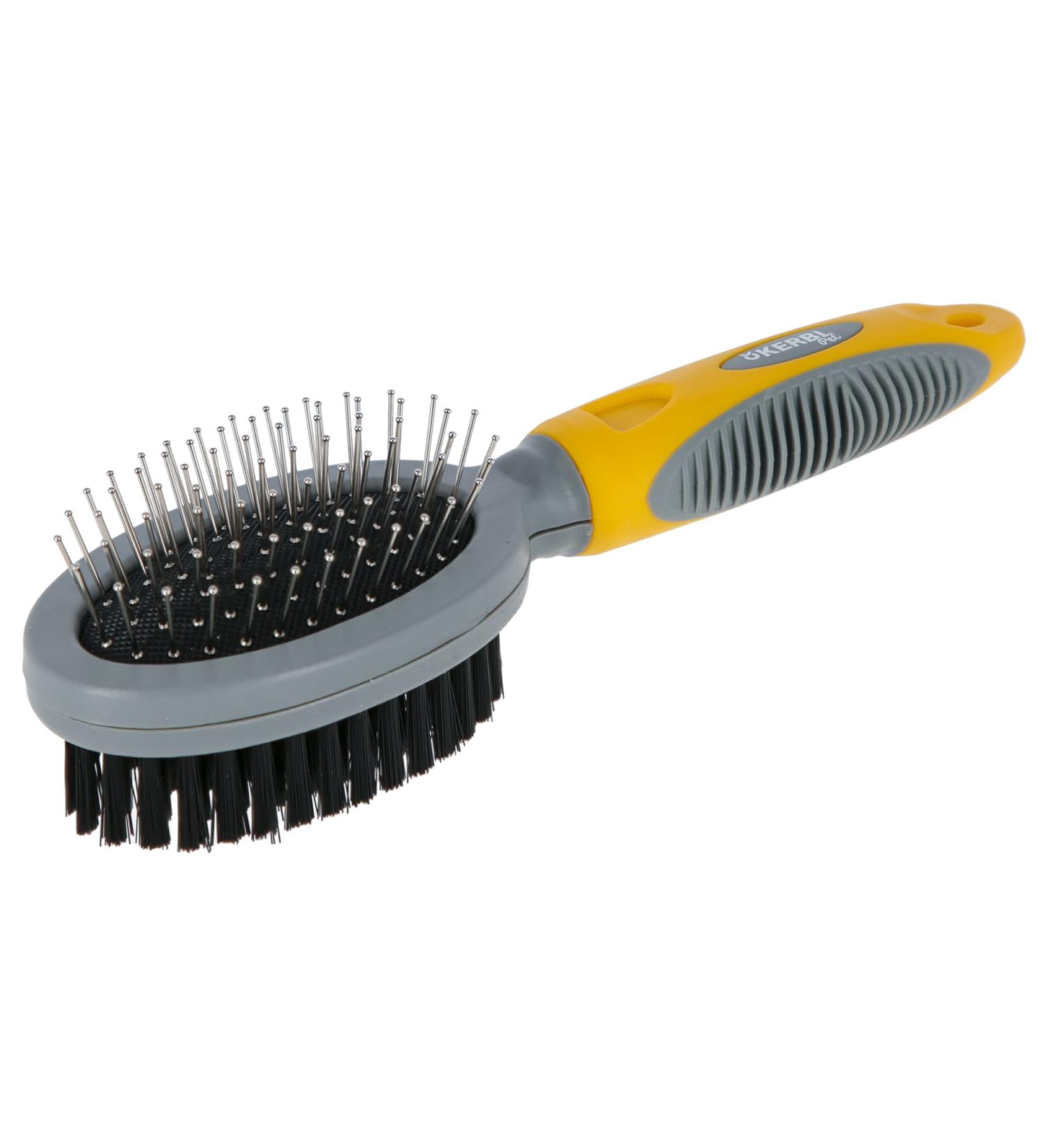 Kerbl Pet double brush with protective caps and bristles oval 20.5 cm yellow grey