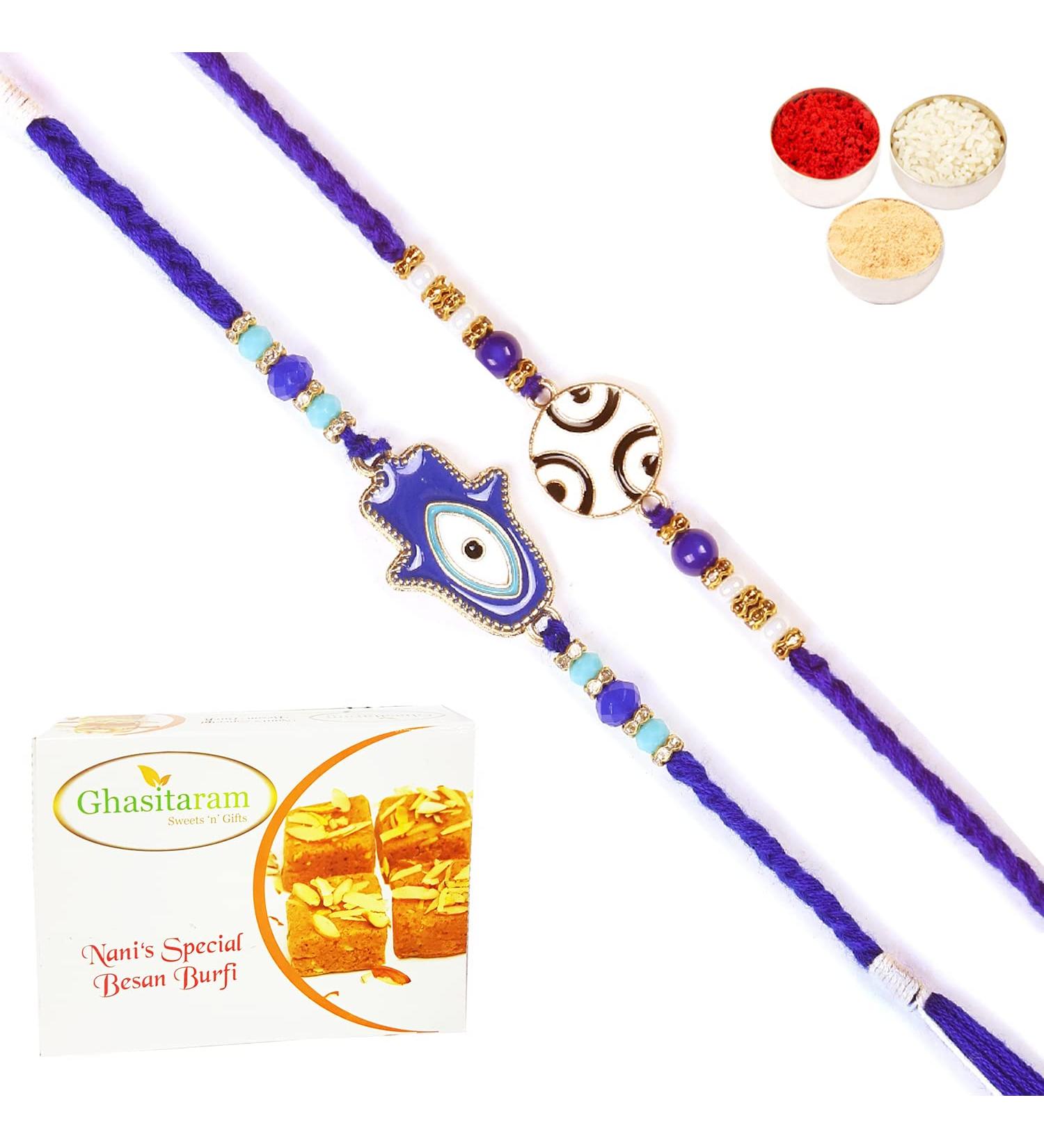 Ghasitaram Gifts Rakhi for Brother Rakhis Online - Set of 2 8928 8931 Fancy Evil Eye Rakhis with 400 GMS of Besan Barfi - Buy Online on GoSupps.com