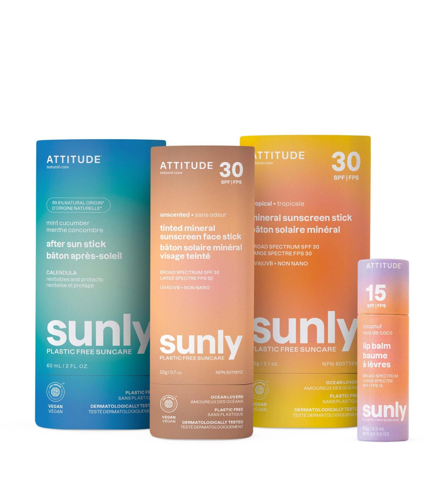 Bundle of ATTITUDE Mineral Sunscreen Stick with Zinc Oxide SPF 30 + Tinted Mineral Sunscreen Face Stick SPF 30 + Lip Balm SPF 15 + After Sun Stick Mint & Cucumber - Buy Online on GoSupps.com