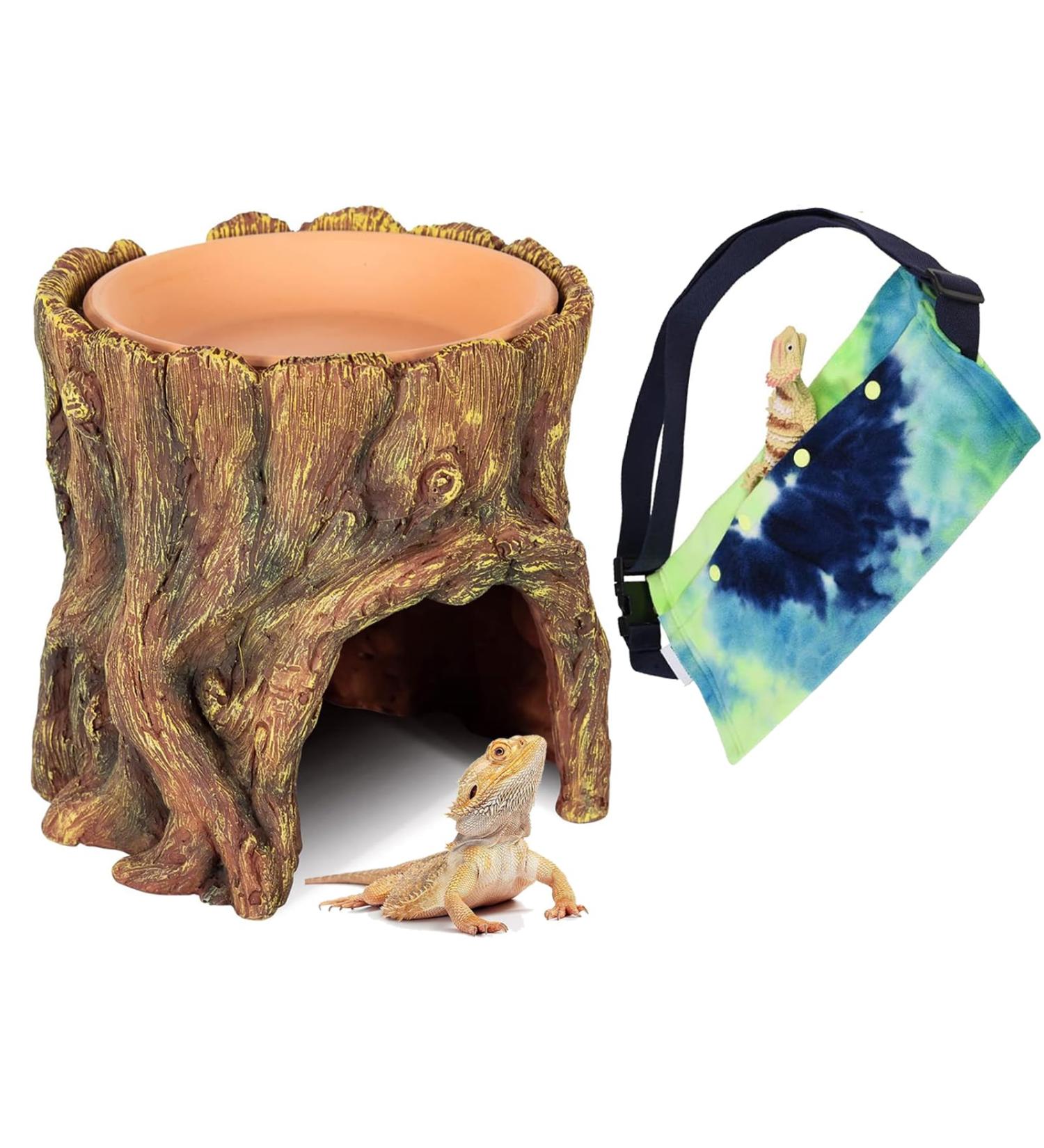 Reptile Hide Cave with Clay Water Bowl and Bearded Dragon Carrier Resin Moisture Keeping Reptile Hideout with Basin Humidifying Help Shedding for Reptile Amphibians Leopard Gecko(Hideout + Carrier) - Buy Online on GoSupps.com