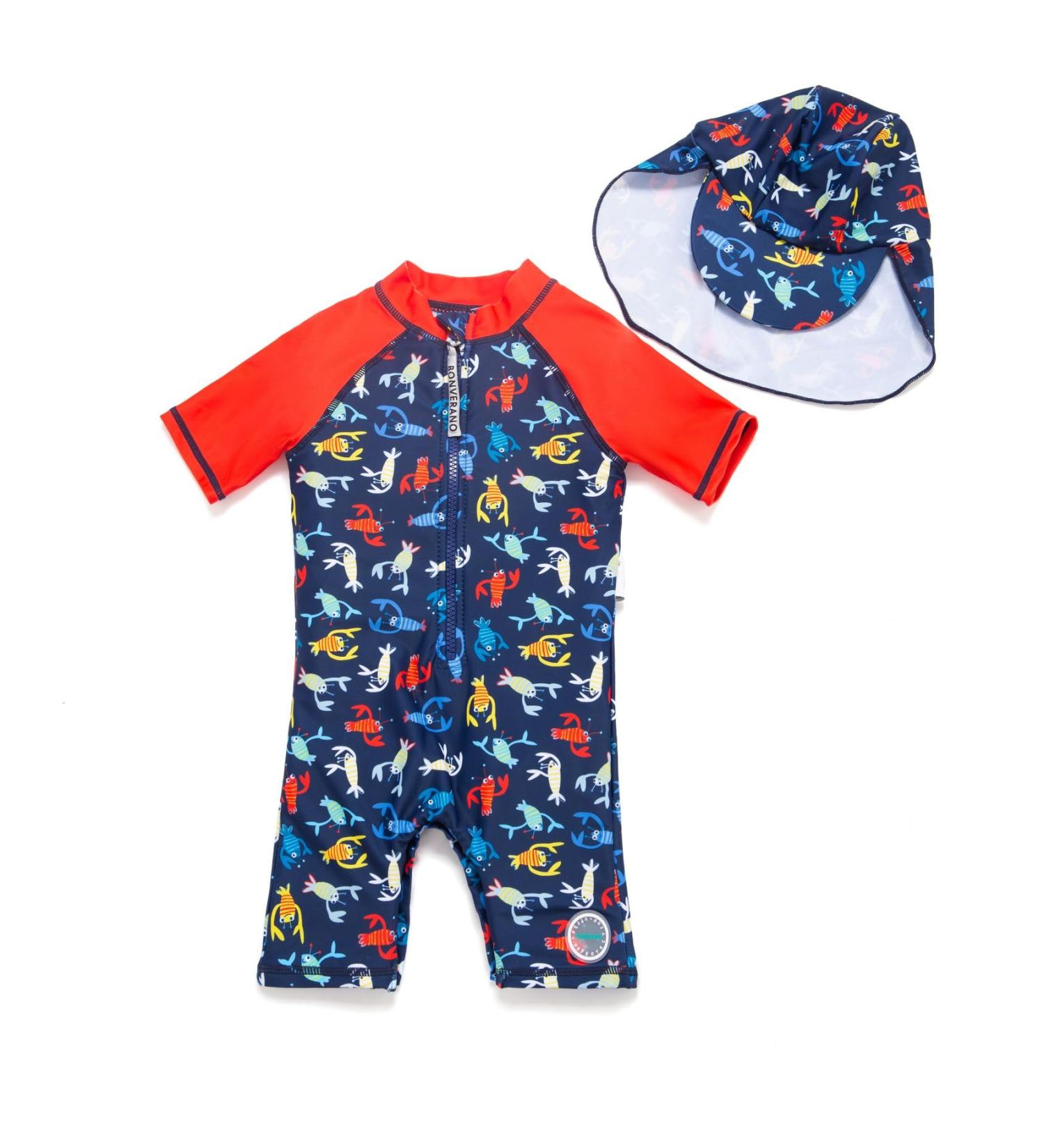 BONVERANO Baby Boy Sunsuit/Swimsuit UPF 50+ Sun Protection with Cap, 18-24 Months - Shrimp - Buy Online on GoSupps.com