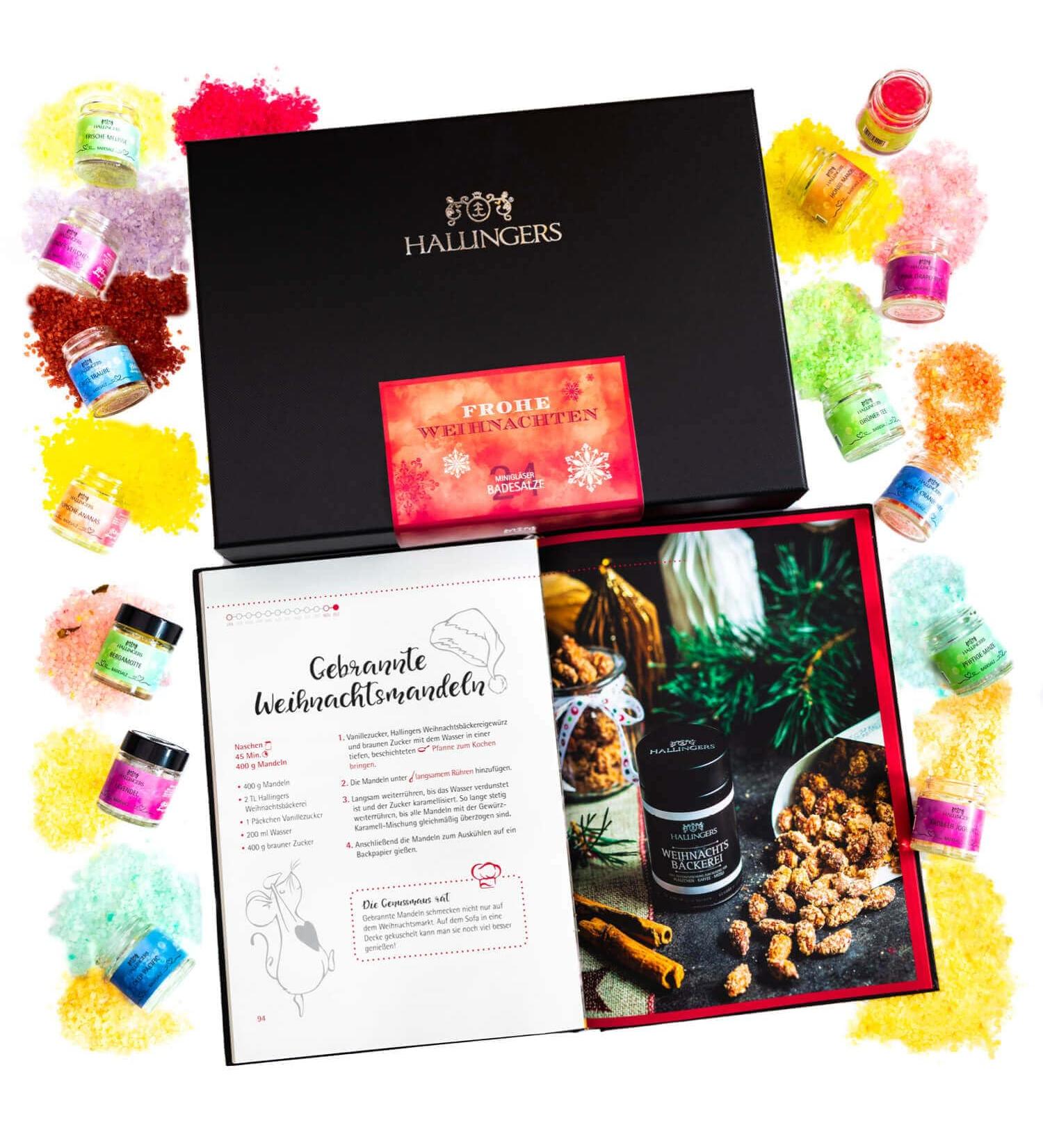 Hallingers Merry Christmas & Happiness: Handmade 24 Salz Christmas Set with Totes Sea Salts & Cookbook - Perfect Mothers Day & Fathers Day Gift Ideas - Buy Online on GoSupps.com