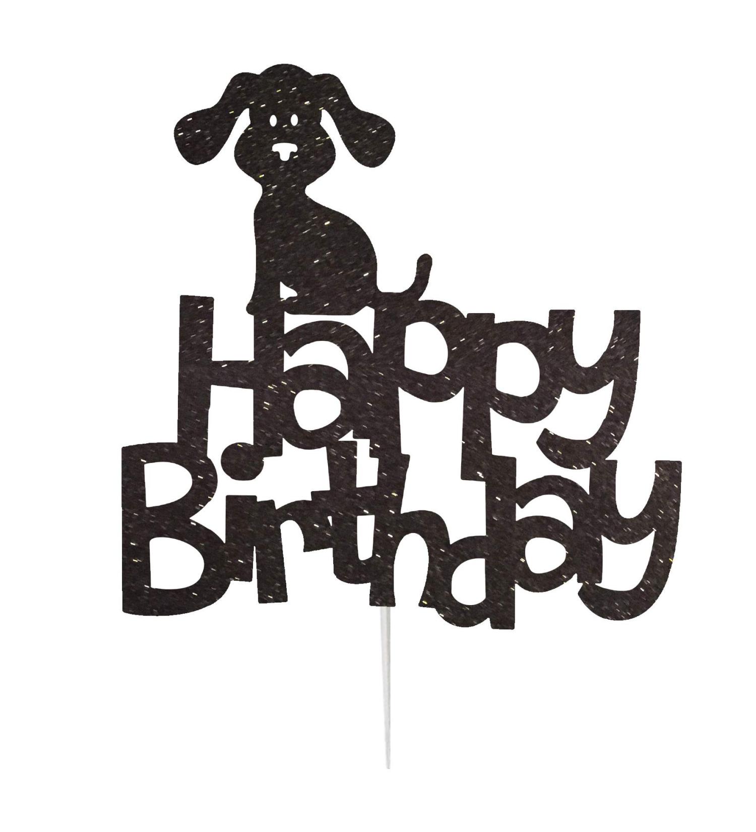 LissieLou Happy Birthday Dog Cake Topper Glitter Card Black Made in the UK