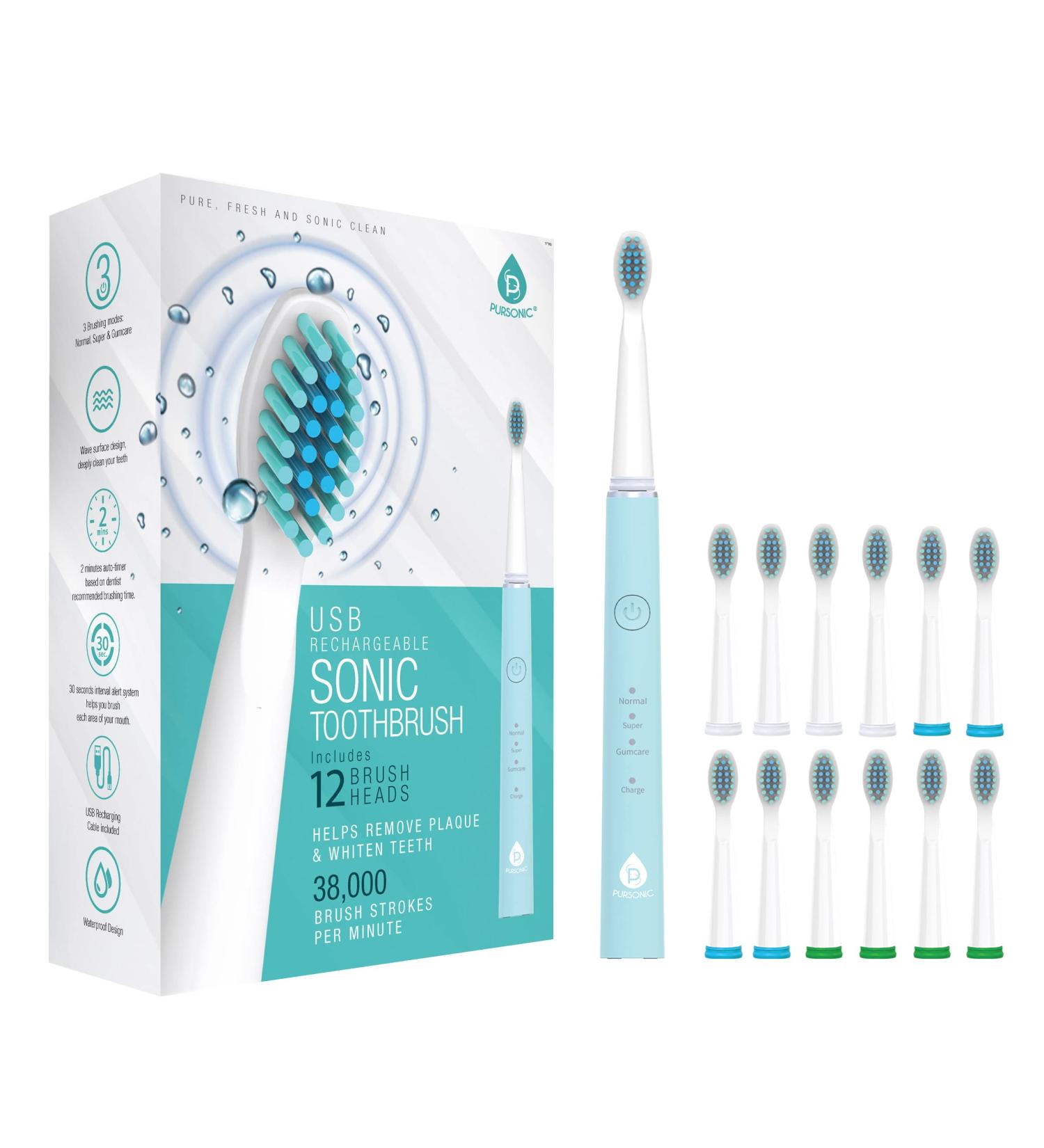 Pursonic Whitening USB Rechargeable Sonic Toothbrush - 12 Brush Heads 38 000 Strokes/Min 3 Modes 2 Min Timer - Mint Green - Buy Online on GoSupps.com