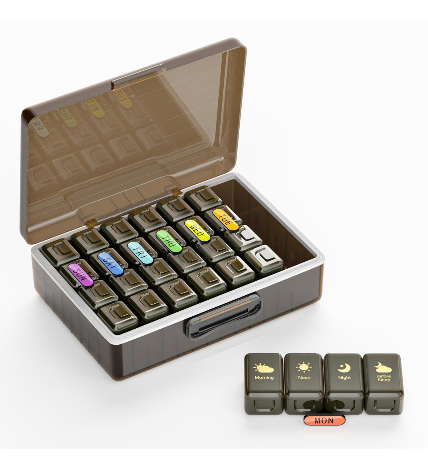 Weekly Pill Organizer 4x a Day - Large 7-Day Medicine Case for Vitamins Supplements & Fish Oils - Brown - Buy Online on GoSupps.com