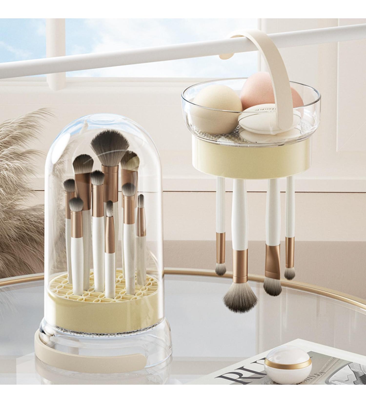 3 in 1 Makeup Brush Cleaner Mat & Bowl Set - Dust-proof Lid Hanging Drying Basket for Brushes & Sponges - Organize & Clean Makeup Tools (Cream - Buy Online on GoSupps.com