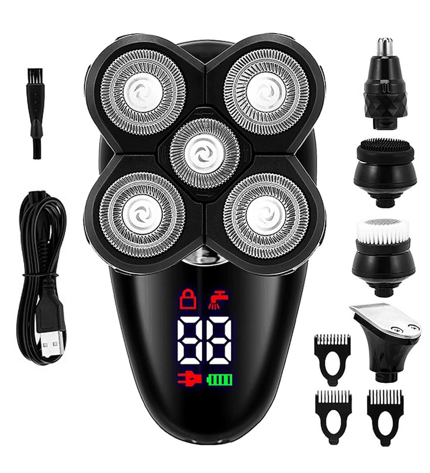 5-in-1 Electric Razor for Men - Bald Head Shaver Beard Trimmer and Facial Cleansing Brush with LED Display - USB Rechargeable & International Shipping - Buy Online on GoSupps.com