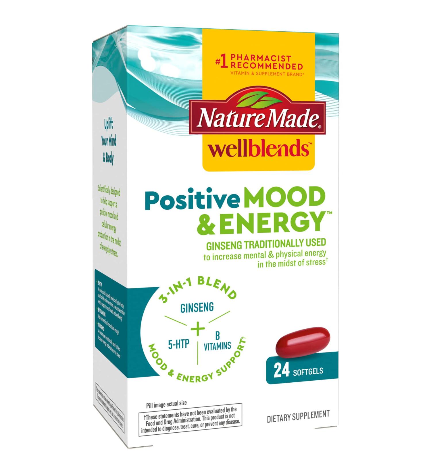 Nature Made Wellblends Positive Mood & Energy Softgels - 5HTP, B Vitamins, Ginseng - Buy Online on GoSupps.com