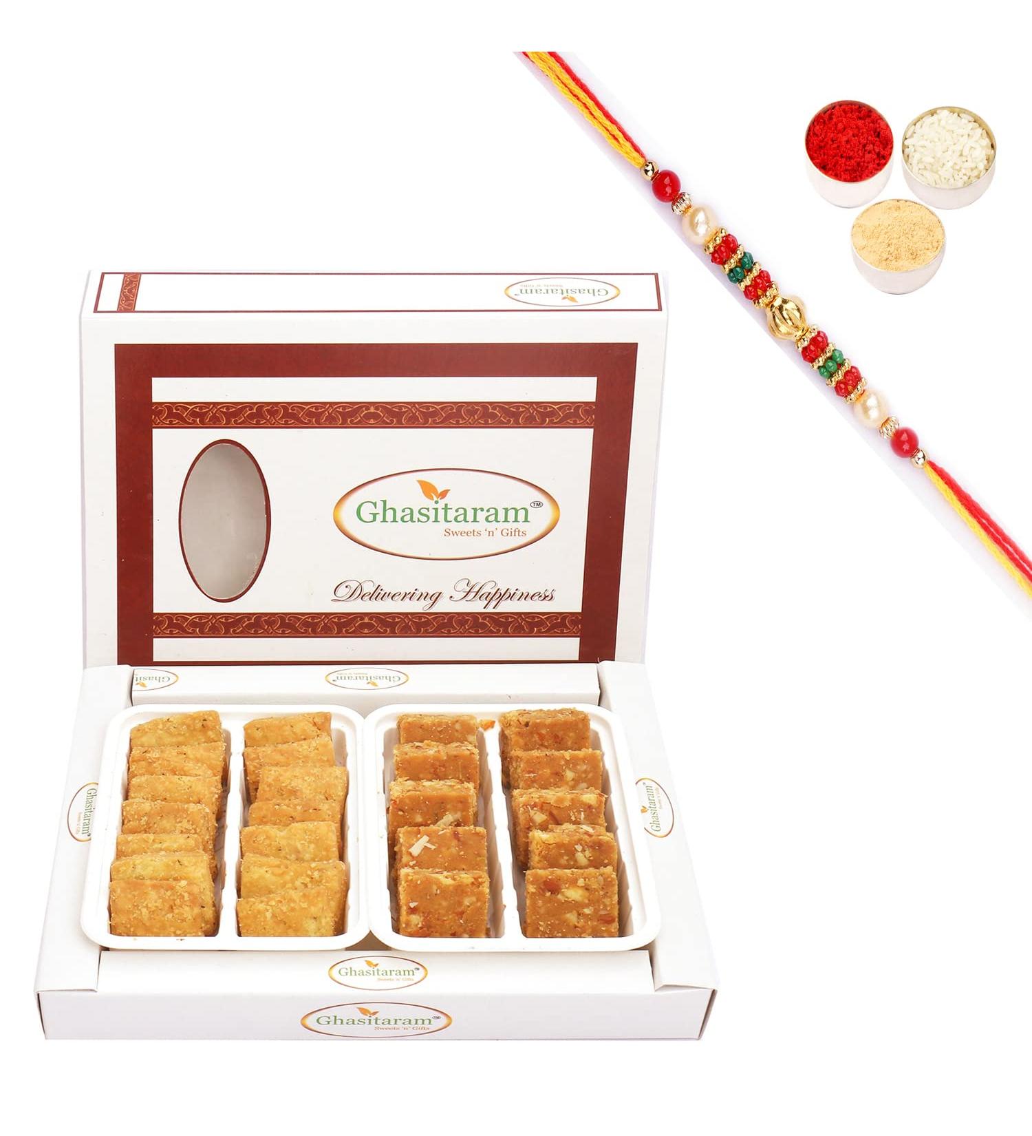 Ghasitaram Gifts Rakhi Gifts for Brothers Rakhi Sweets - Diwali Hampers-Besan Barfi and Methi Mathri Hamper with Pearl Beads Rakhi - Buy Online on GoSupps.com