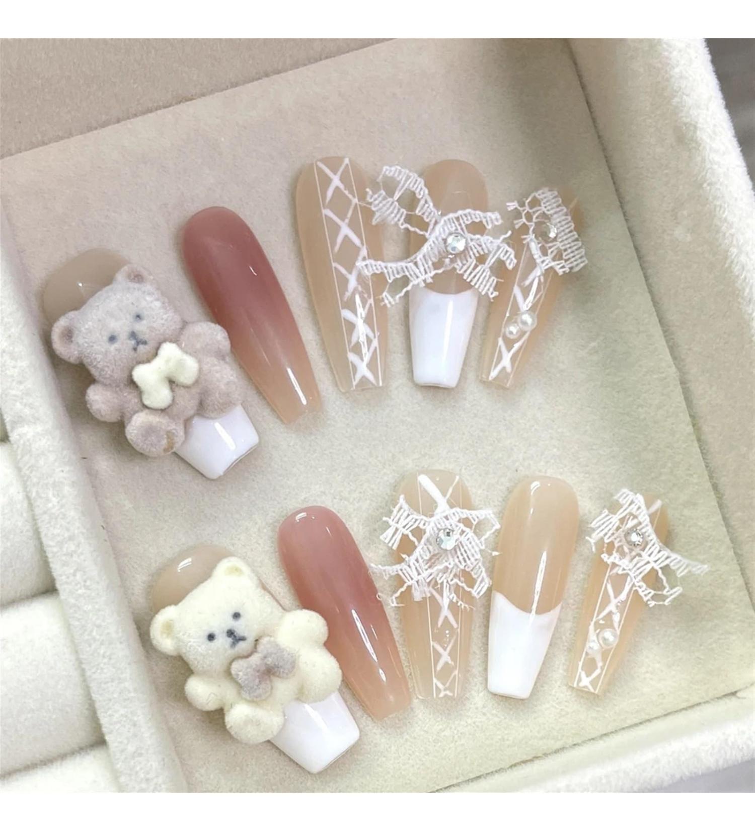 Nails Nail Tips Nails Set Handmade Nails Press On 3D Bear Aurora Diamond Pearl Decor Luxury Long Coffin Wearable Full Cover Nail Tips(1365 XS) - Buy Online on GoSupps.com