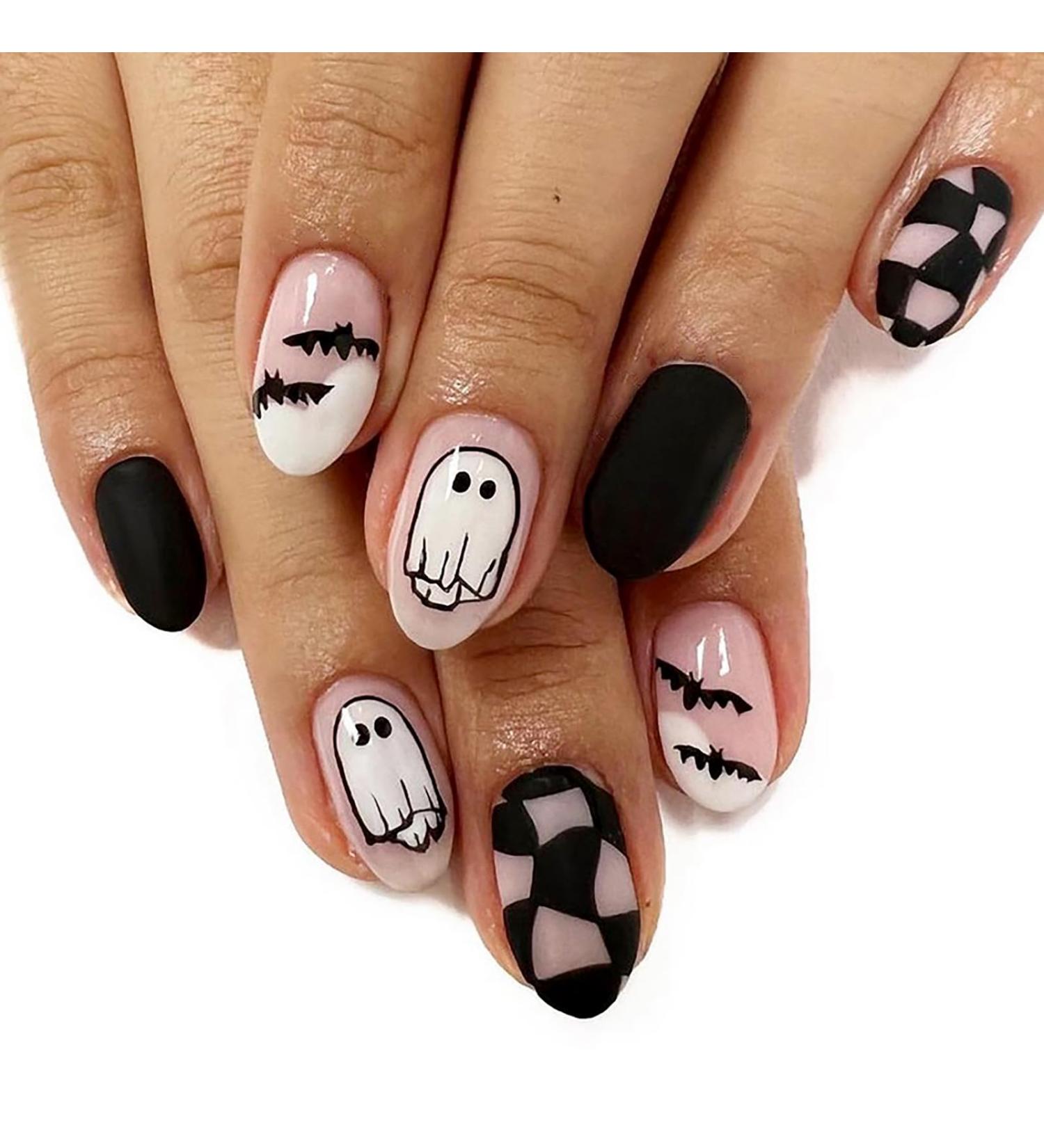 Haunted Halloween Press-On Nails | Short Oval Black Acrylic with Spooky Bat & Checkered Designs | 24 Pcs Full Cover for Women - Buy Online on GoSupps.com