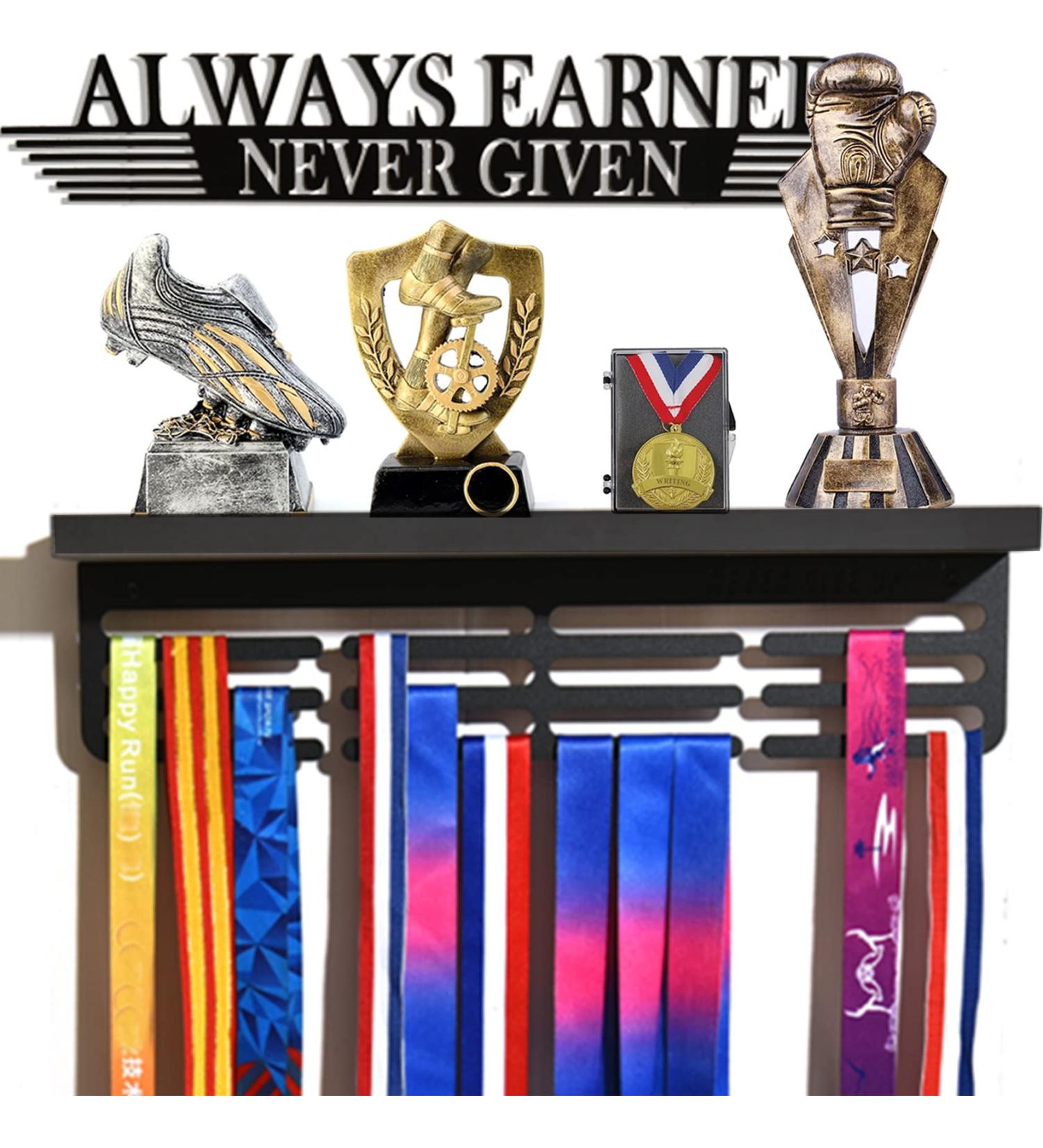 Trophy and Medal Display Shelf with Wooden Trophy Shelf - Race Medal Rack for Gymnastics - Easy to Install - Black - Buy Online on GoSupps.com