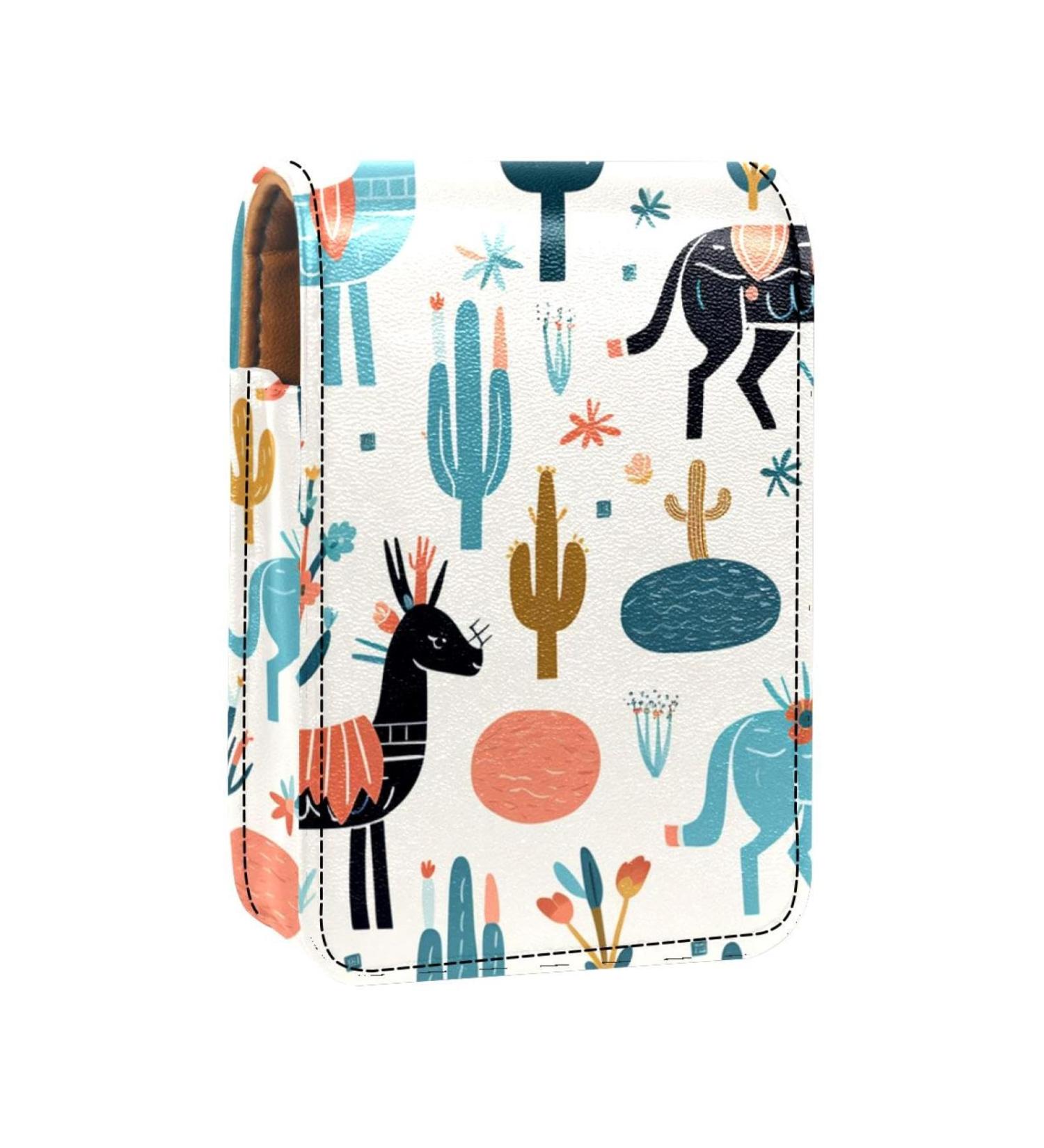 Shop Stylish Leather Lipstick Case & Organizer | Mini Lip Gloss Holder with Mirror - Cactus Llama Design - Buy Online on GoSupps.com