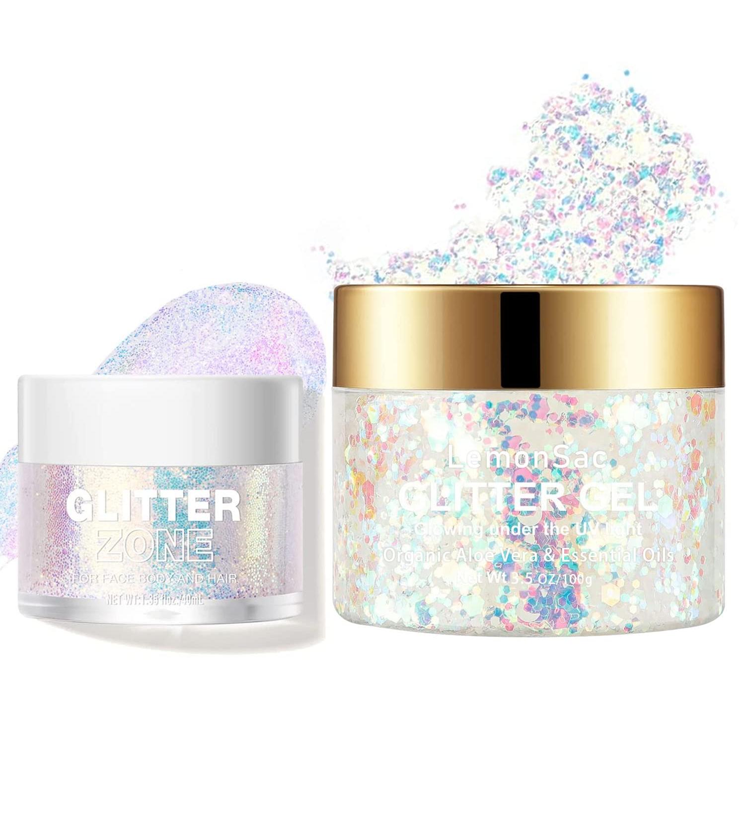LemonSac Holographic Body Glitter Gel Set - Color Changing Glitter for Body, Face, Hair & Lips (2 Sparkling Pink + Pearl White) - Buy Online on GoSupps.com