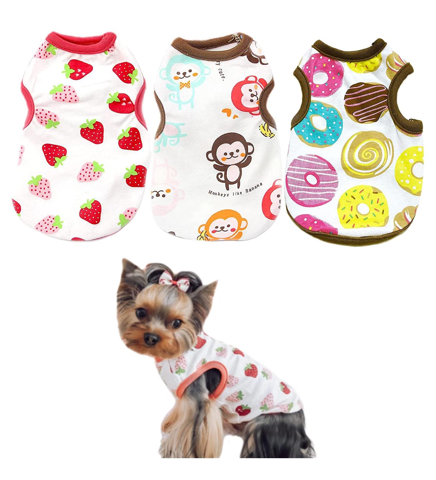 Small Dog Shirts 3 Pack - Cute Print Pet Tee for Small Dogs - Sleeveless Cotton Vest - XL Size - Spring/Summer Outfits - Chihuahua, Yorkie, Shih Tzu, Pomeranian - Strawberry, Monkey, Donut - Petcare Essentials - Buy Online on GoSupps.com