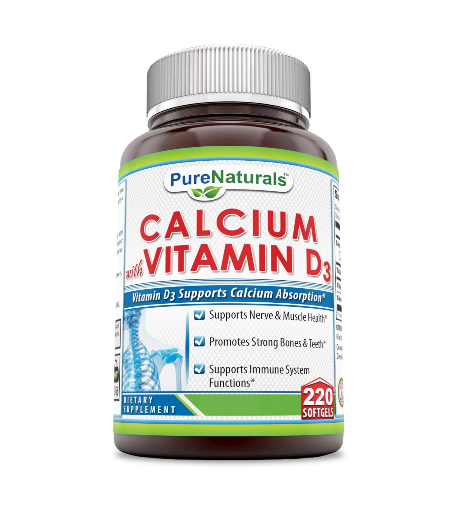 Pure Naturals Calcium with Vitamin D3 220 Softgels for Nerve & Muscle Health, Strong Bones & Immune Support - Buy Online on GoSupps.com