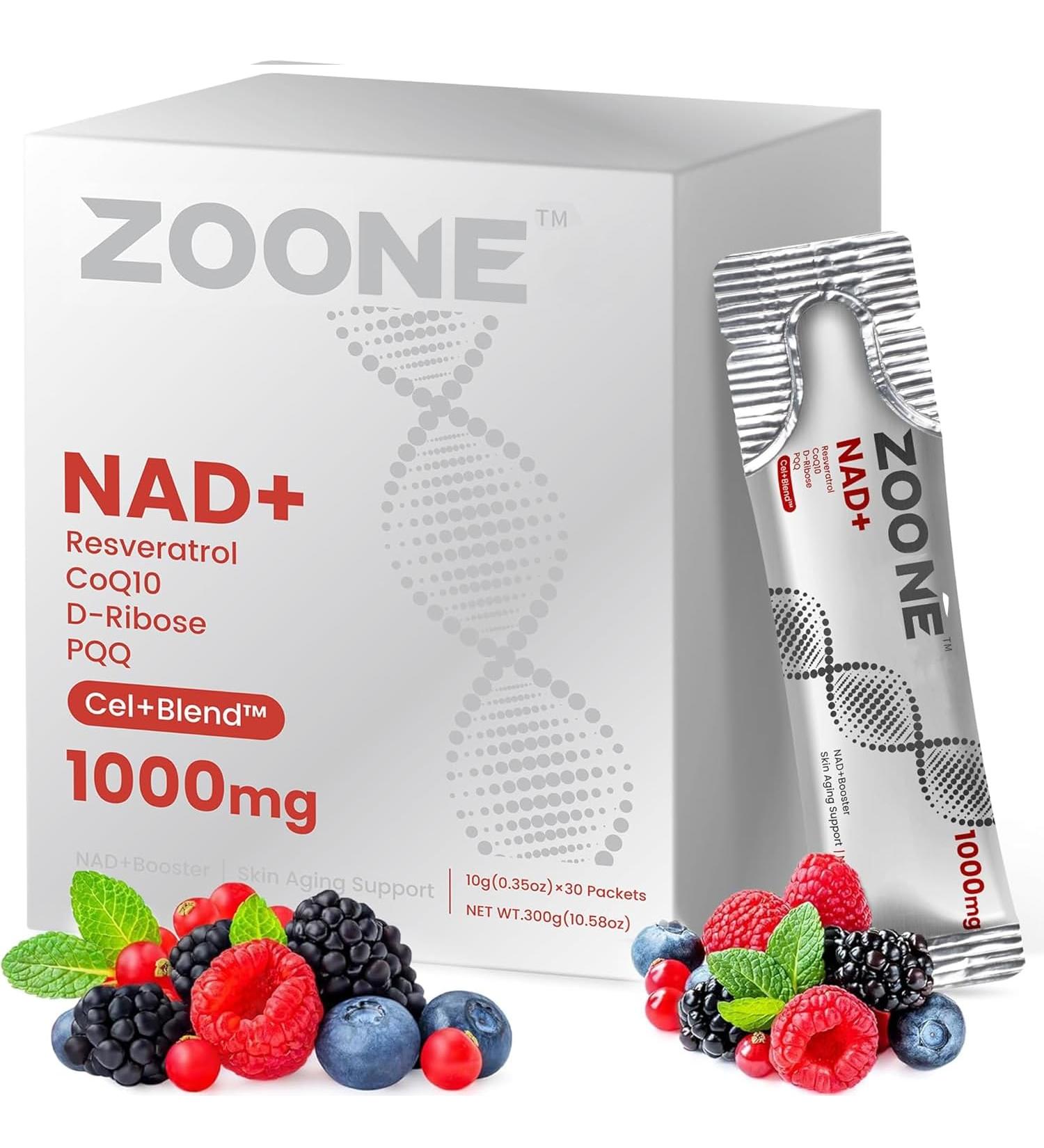 Zoone NAD Resveratrol Supplement NAD+ Liquid Supplement 1000mg with Nicotinamide Riboside Resveratrol & PQQ NAD Supplements for Men & Women Healthy Aging & Boosts Cellular Energy 30 Packs - Buy Online on GoSupps.com