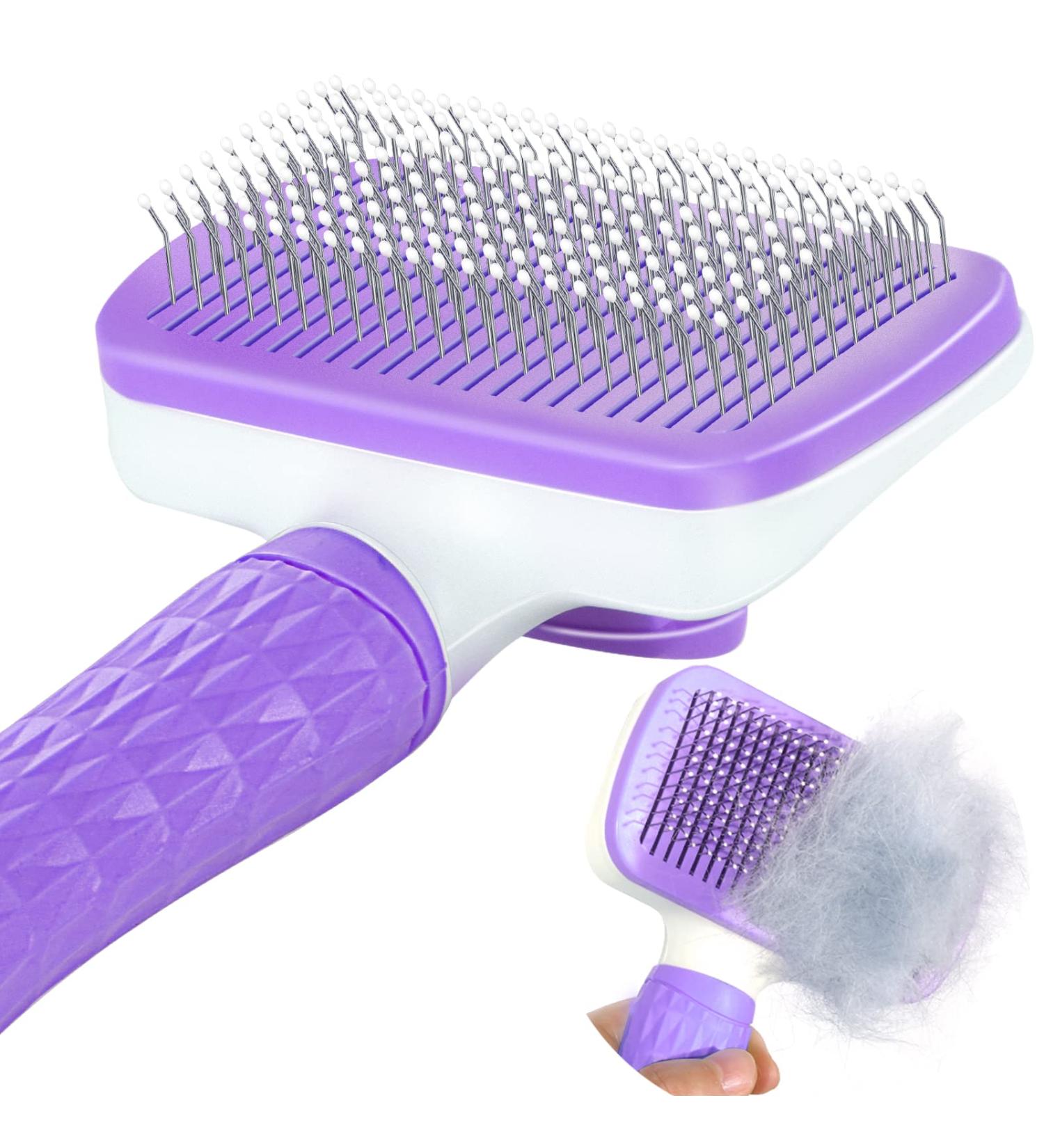 Garstor Self-Cleaning Dog & Cat Brush | Grooming Tool for Shedding, Long/Short Haired Pets | Removes Loose Fur & Undercoat | Purple - Buy Online on GoSupps.com