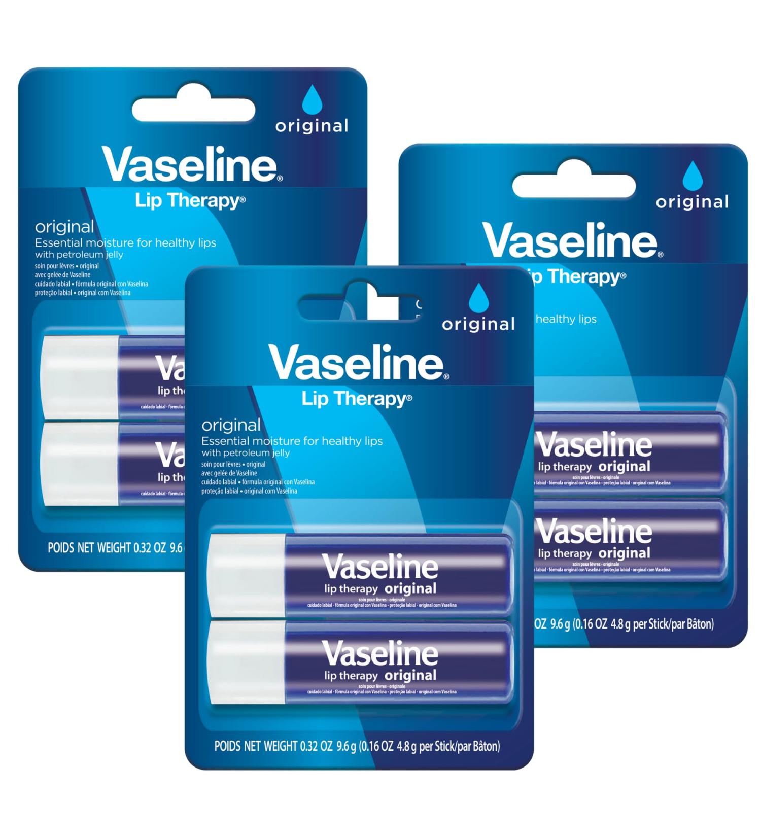 Vaseline Lip Therapy Care Original - 6 Unflavored Lip Balms (3-Pack of 2) for Dry Chapped & Cracked Lips - Fast-Acting Nourishment - Buy Online on GoSupps.com