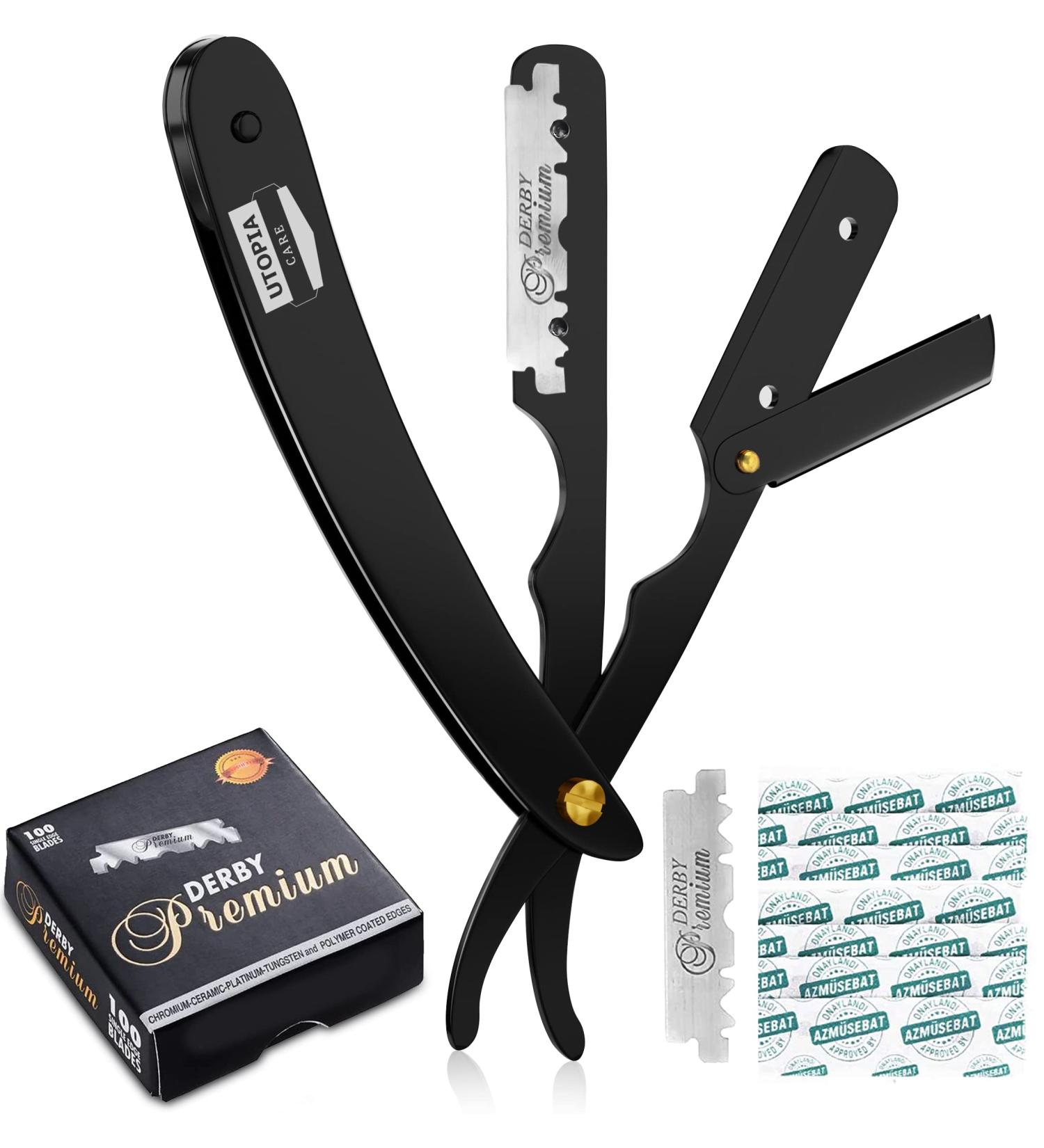 Utopia Care Professional Barber Straight Edge Razor Safety with 100-Pack Derby Blades - Stainless Steel (Black) - Buy Online on GoSupps.com