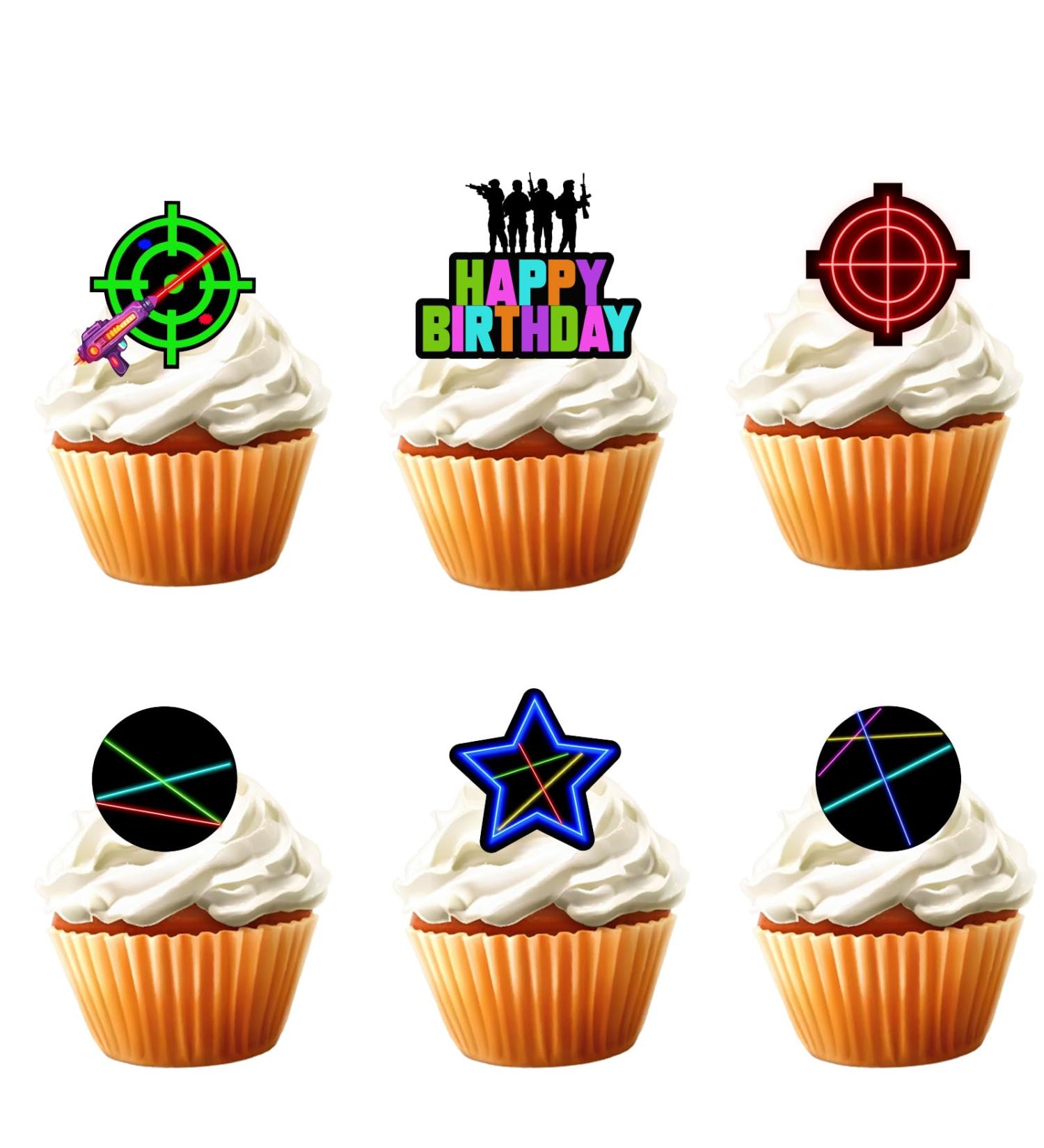18pcs Neon Gun Game Cupcake Toppers for Boys Girls Adult Happy Birthday Laser Gun Game Party Decorations Supplies Favors Glitter Neon Cake Decorations - Buy Online on GoSupps.com