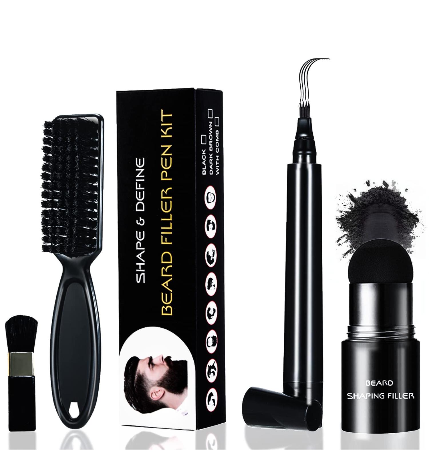 Black Beard Pencil Filler for Men - Waterproof & Long Lasting 4-Tip Beard Pen for Natural Makeup - Includes Beard Brush - Ideal for Moustache & Eyebrows - Buy Online on GoSupps.com