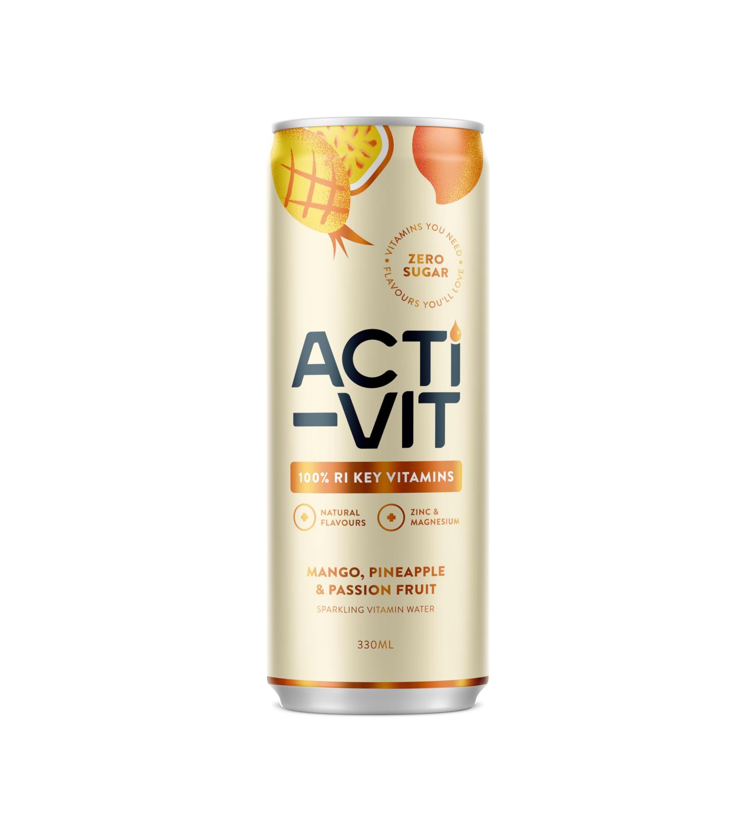 Acti-Vit Sparkling Tropical Flavour Vitamin Water Cans | B Vitamins B5 B6 B9 B12, Vitamin C, D, Zinc & Magnesium | Zero Sugar | 12x 330ml | Tropical Boost - Buy Online on GoSupps.com