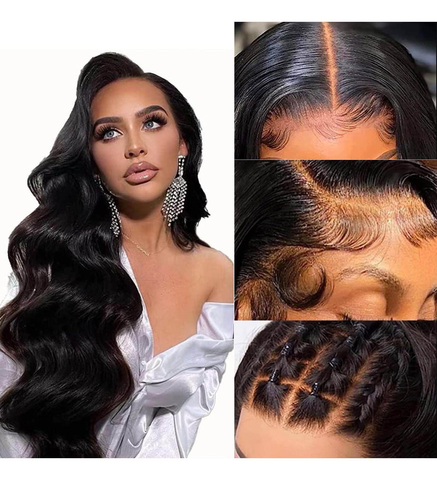 MEGALOOK 28 Inch Body Wave Human Hair Glueless Lace Front Wig - Pre Plucked 200% Density Natural Color with Baby Hair - Buy Online on GoSupps.com