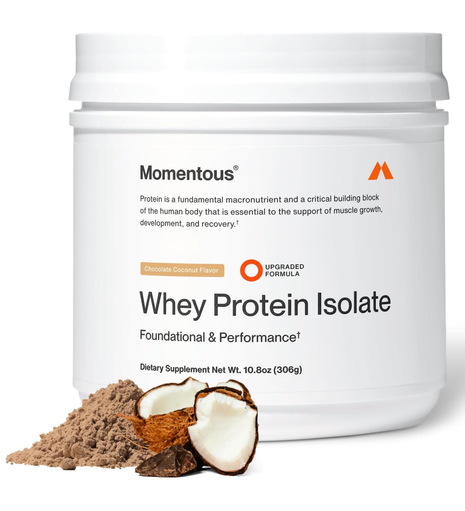 Momentous Essential Grass-Fed Whey Protein Powder - 20 g Whey Isolate Protein - NSF Certified for Sport - Gluten-Free - 12 Servings for Essential Everyday Use - Chocolate Coconut - Package May Vary - Buy Online on GoSupps.com
