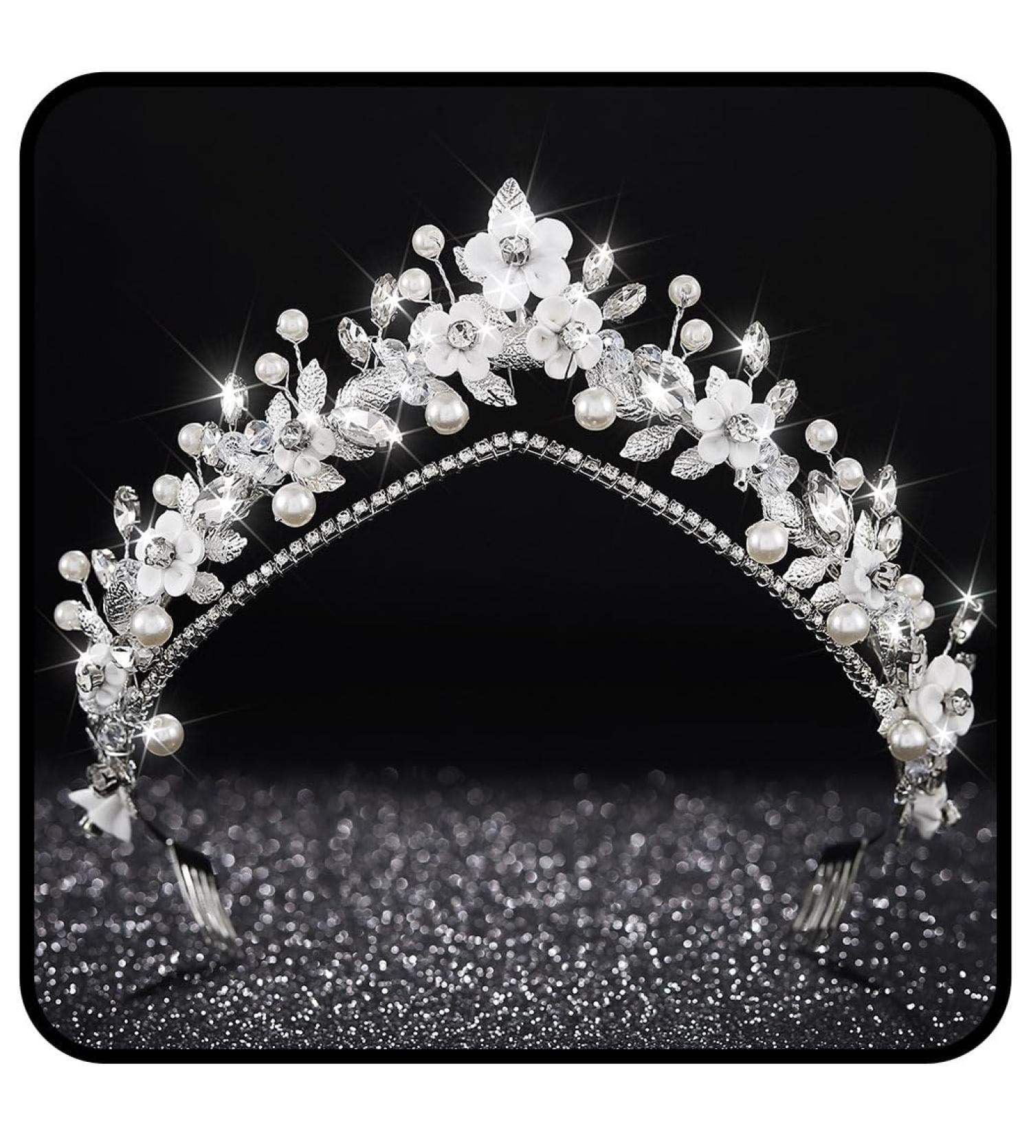Zoestar Flower Wedding Tiaras and Crowns Silver Rhinestone Tiara Headband Pearl Leaf Princess Headwear Bridal Hair Accessories for Women - Buy Online on GoSupps.com