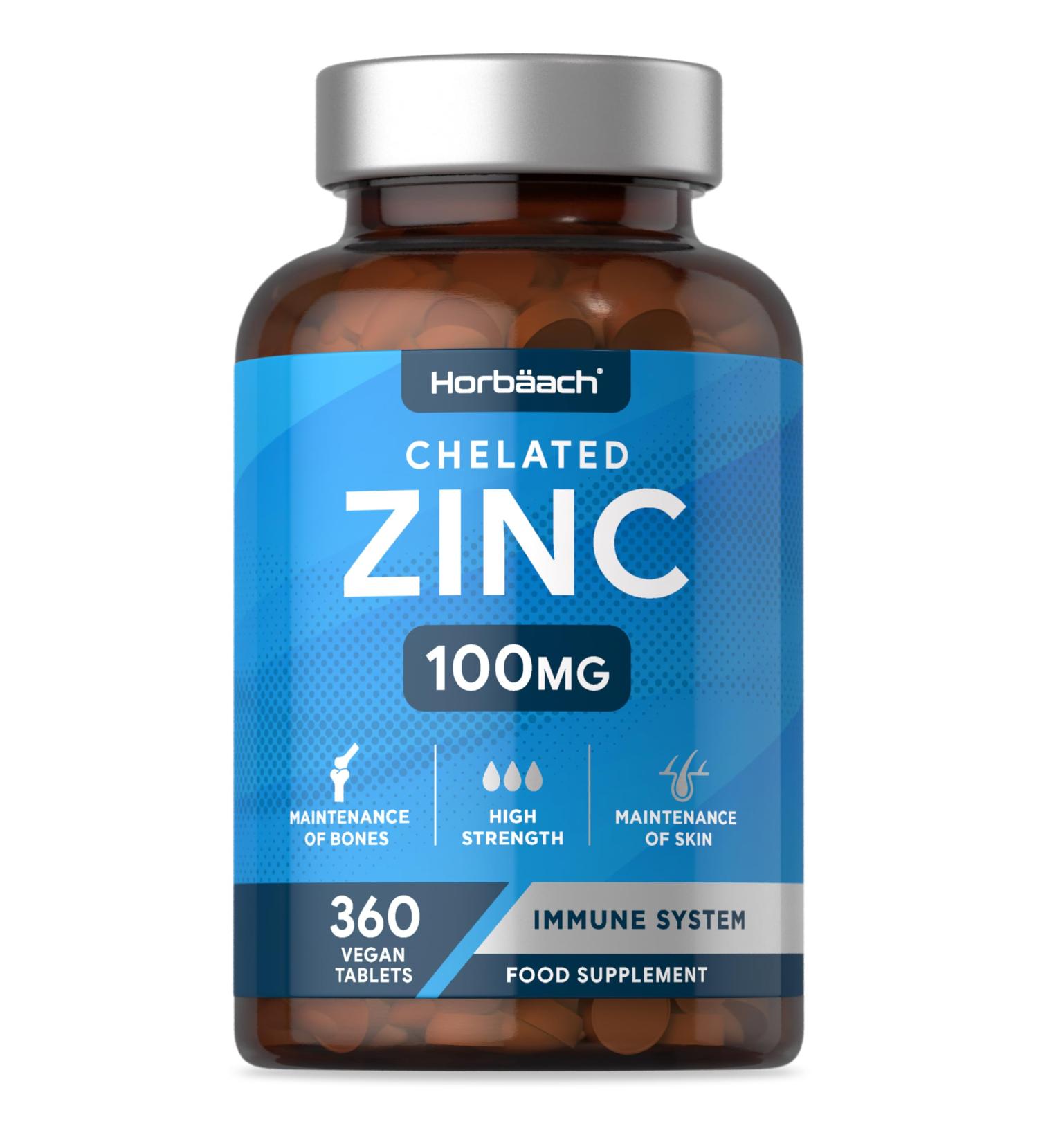 Zinc Tablets 100mg | High Strength Chelated Zinc Supplements | 360 Vegan Tablets | by Horbaach - Buy Online on GoSupps.com