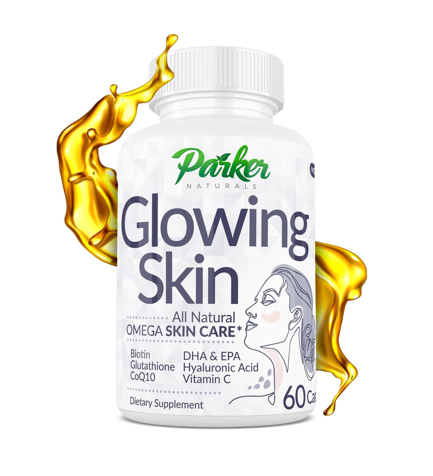 Parker Naturals Glowing Skin Supplement - Biotin Glutathione Hyaluronic Acid DHA/EPA Omega 3 Fish Oil CoQ10 Vitamin C All Natural Skin Care Supplement 60 Caps - Buy Online on GoSupps.com