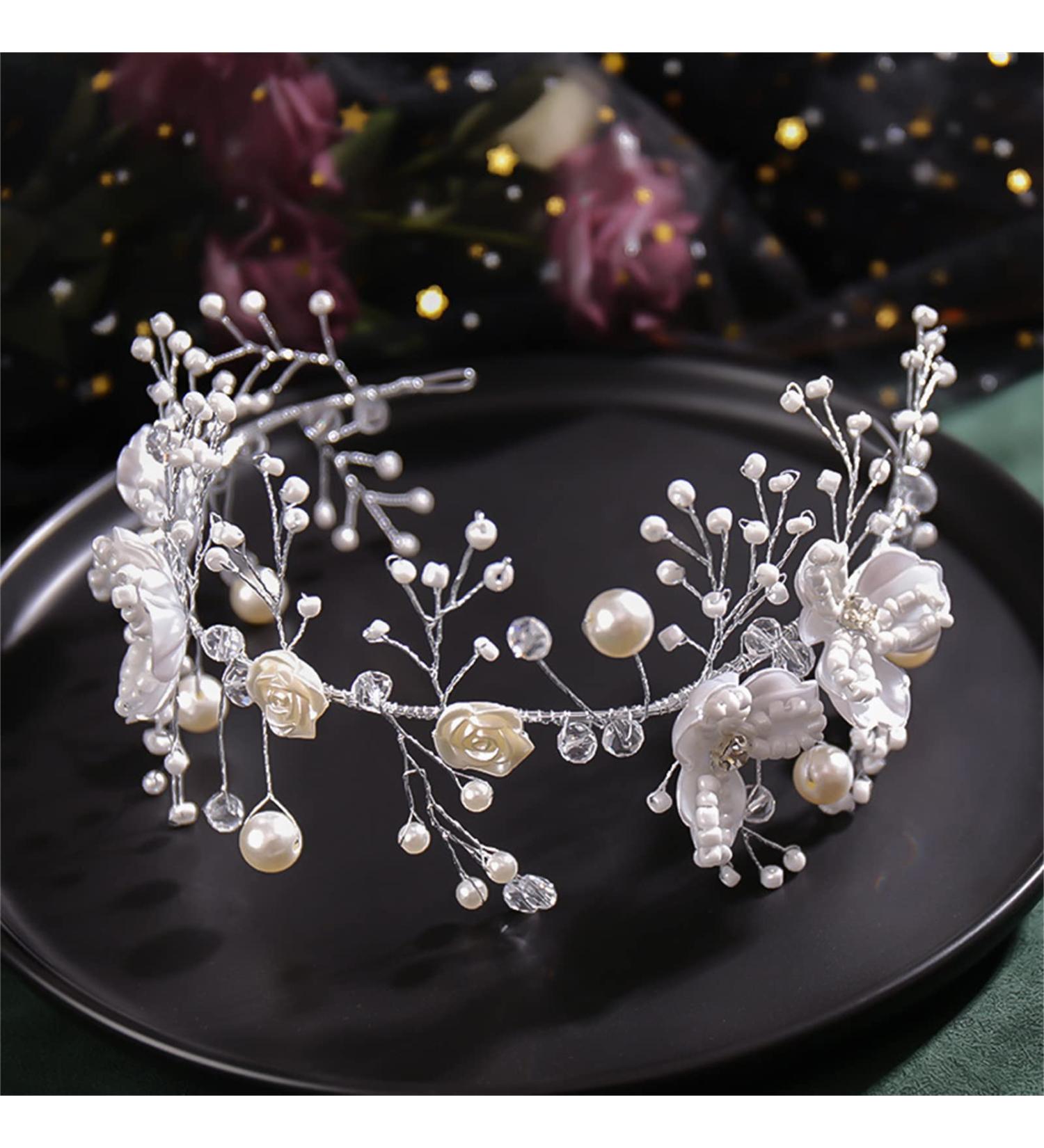 Flower Bridal Hair Accessories Bride girl Hand Knitting Wedding Hair Accessories Pearl headband for Weddings Banquets and Parties (Silver Leaf) - Buy Online on GoSupps.com