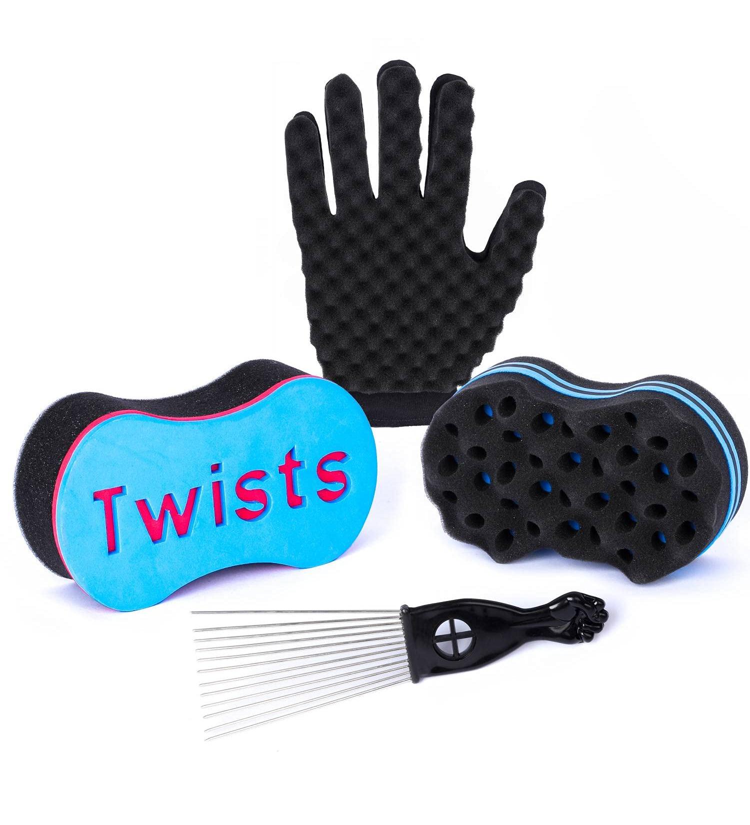 4Pcs Hair Sponge Set for Afro Hair | Twist & Curling Sponge Brush with Free Hair Pick | Right Hand Glove for Men Women Curls - Buy Online on GoSupps.com