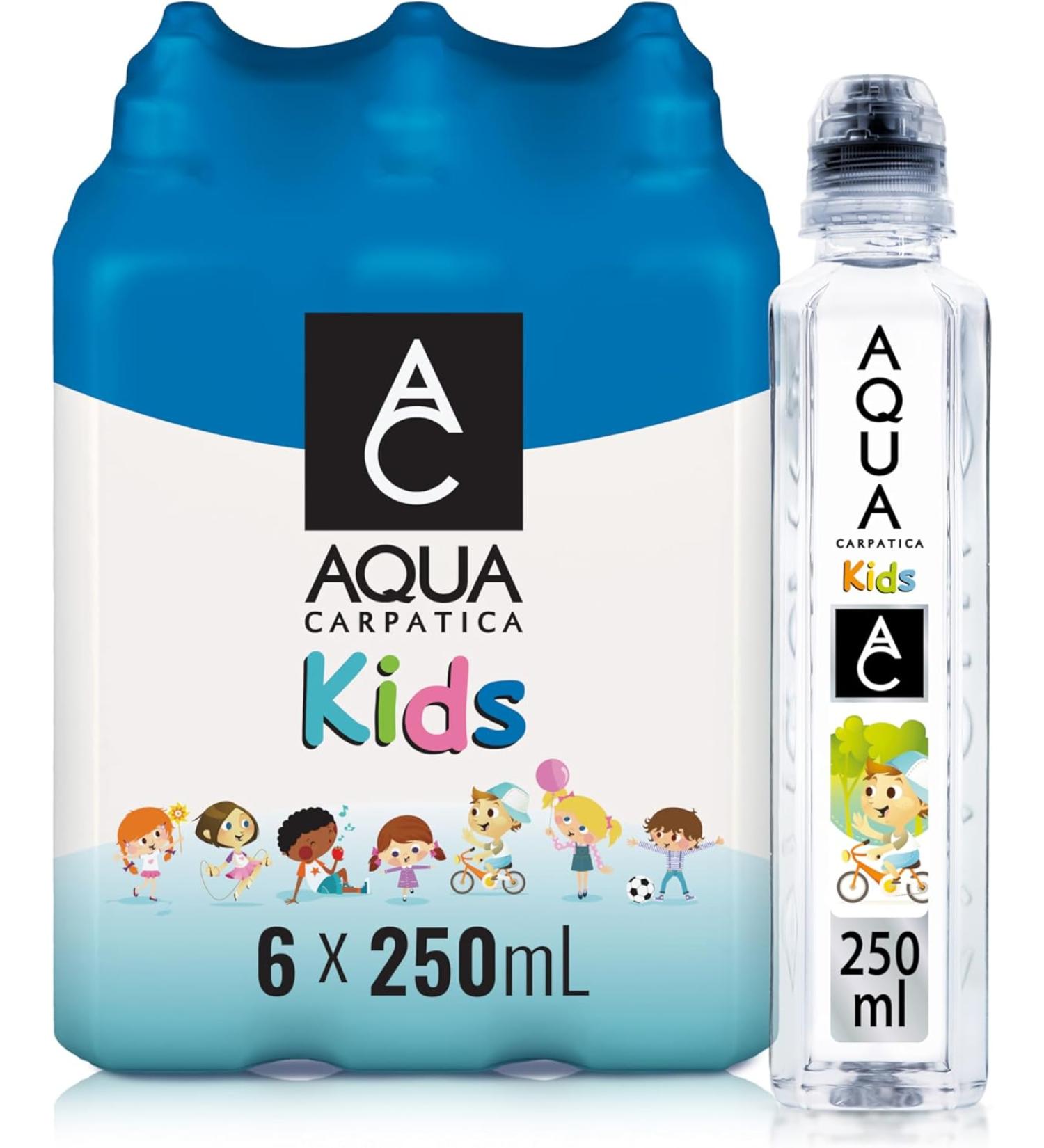AQUA Carpatica Kids 250ml x 6 - Natural Still Mineral Water with Spill-Proof Sippy Cap | Low Sodium, Nitrate-Free, Alkaline | Ideal for Lunchboxes | 100% Recyclable - Buy Online on GoSupps.com