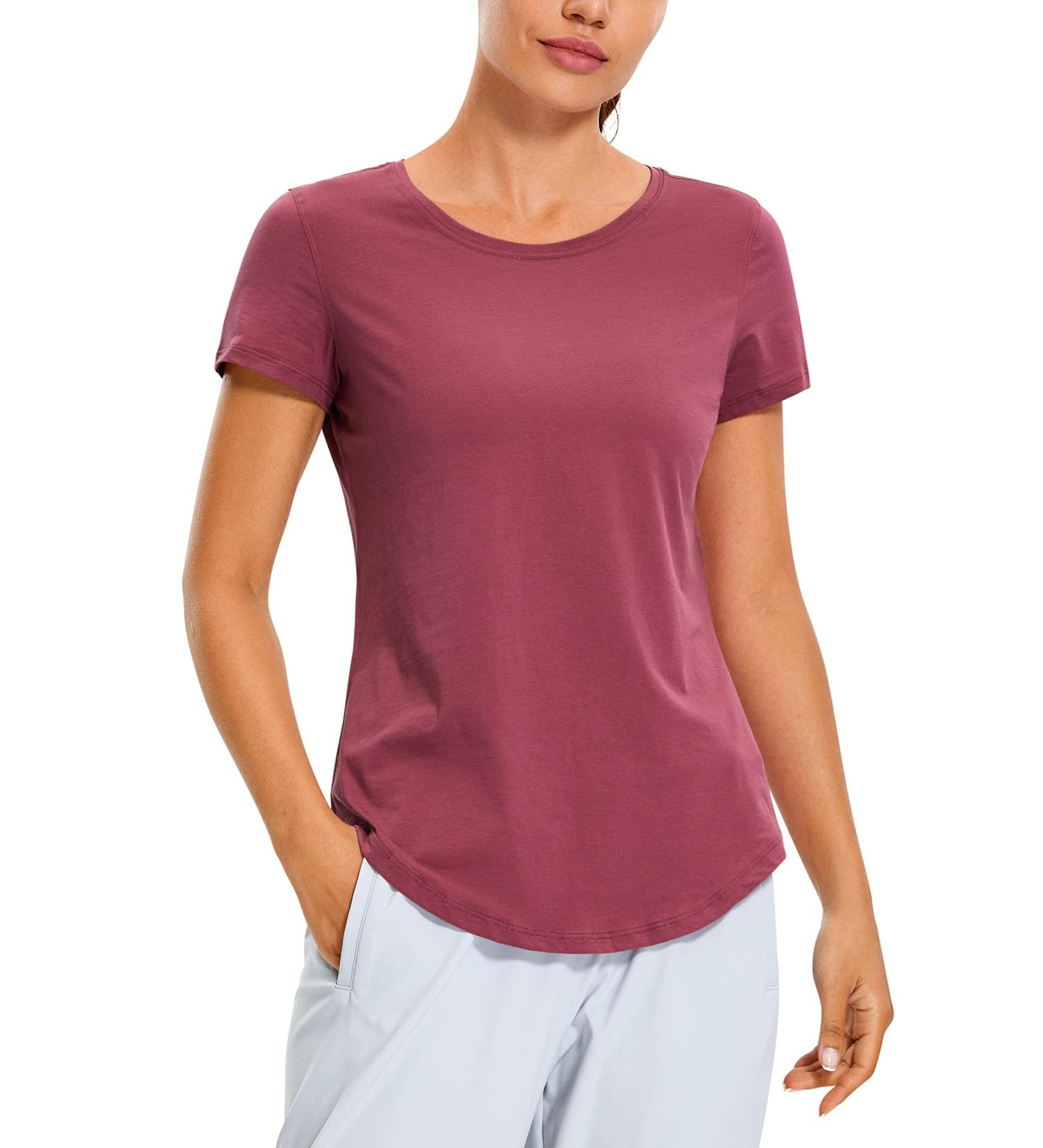 CRZ YOGA Women's Pima Cotton Short Sleeve Workout Shirt in Misty Merlot - Medium - Buy Online on GoSupps.com