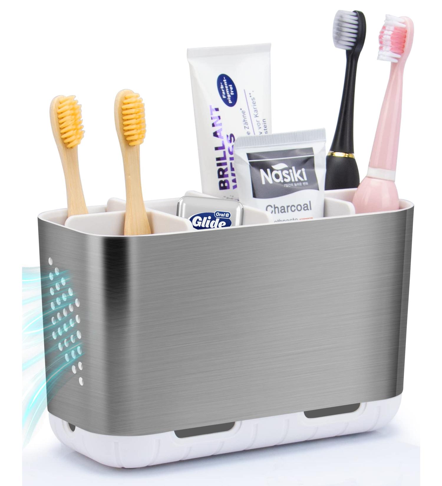 Brushed Nickel Electric Toothbrush Holder - Large Bathroom Organizer Set with Adjustable Partitions - Perfect for Family Drainage Solution - Buy Online on GoSupps.com