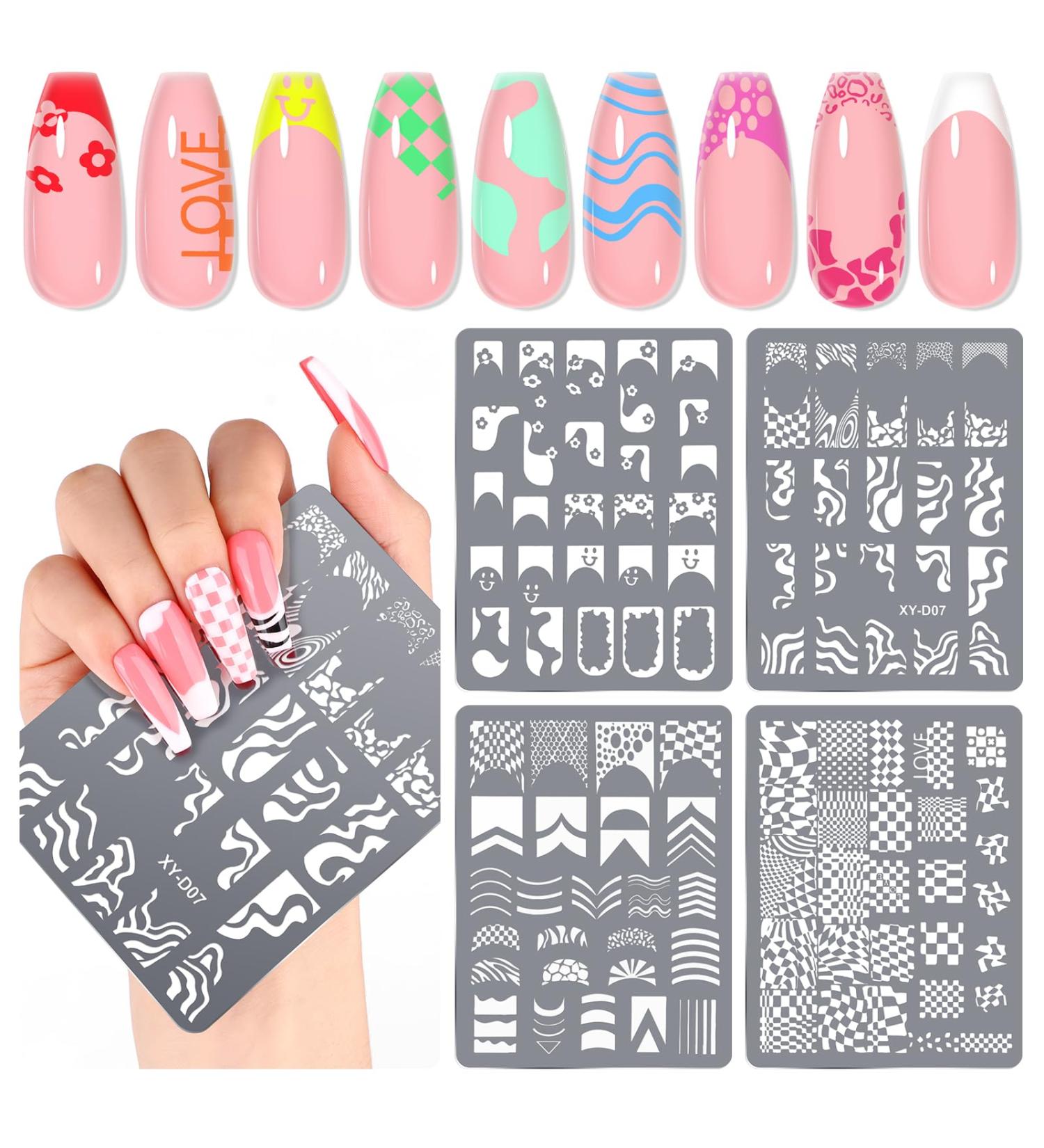 Saviland Nail Art Stamper Plates - 4PCS French Nail Stamping Templates | Reusable Stainless Steel Nail Tools with Plaid Wave and Stripe Patterns - Buy Online on GoSupps.com