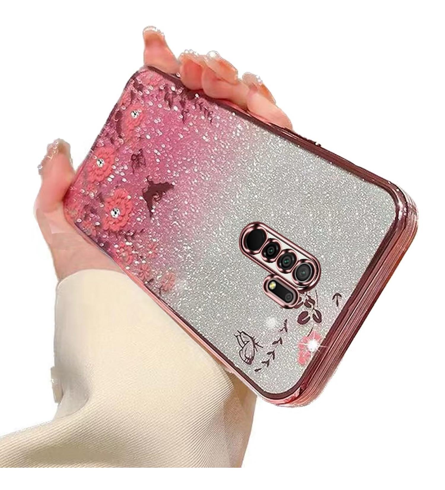 Tivenfezk Nadoli Glitter Diamond Case for Xiaomi Redmi 9 | Sparkle Flower Butterfly Soft Silicone Cover | Shiny Rhinestones Protective Etui - Pink - Buy Online on GoSupps.com