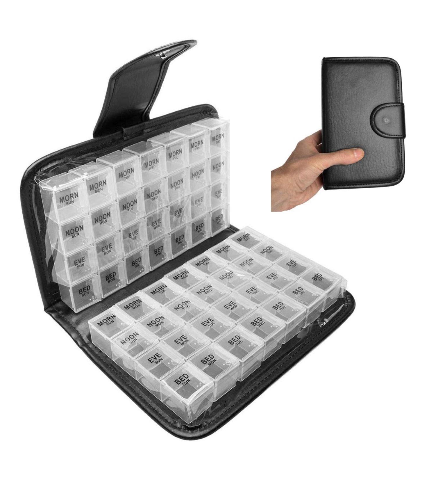 Tablet Box for 14 Days - 4 Compartments | Arthritis-Friendly BPA-Free PU Leather Medication Organizer | Easy Open Pill Dose - International Shipping Available - Buy Online on GoSupps.com