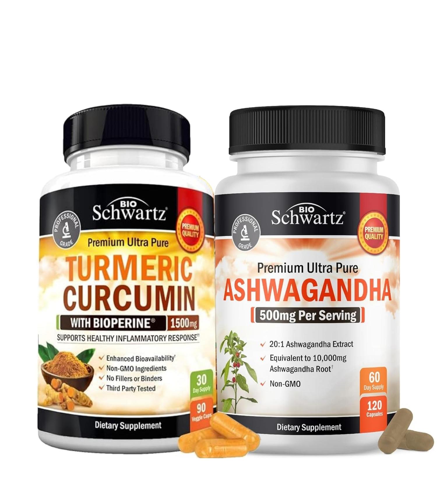 Extra Strength Ashwagandha Capsules (2 Month Supply) Plus Turmeric Curcumin with Black Pepper Extract 1500mg Complex (Trial Size) - Buy Online on GoSupps.com