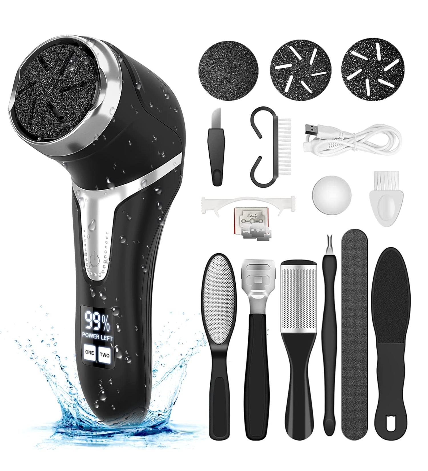 Professional Rechargeable Electric Callus Remover with Vacuum - Waterproof Pedicure Tools Kit for Foot Care - Includes 3 Heads, 2 Speeds, LCD Display - Black - Buy Online on GoSupps.com