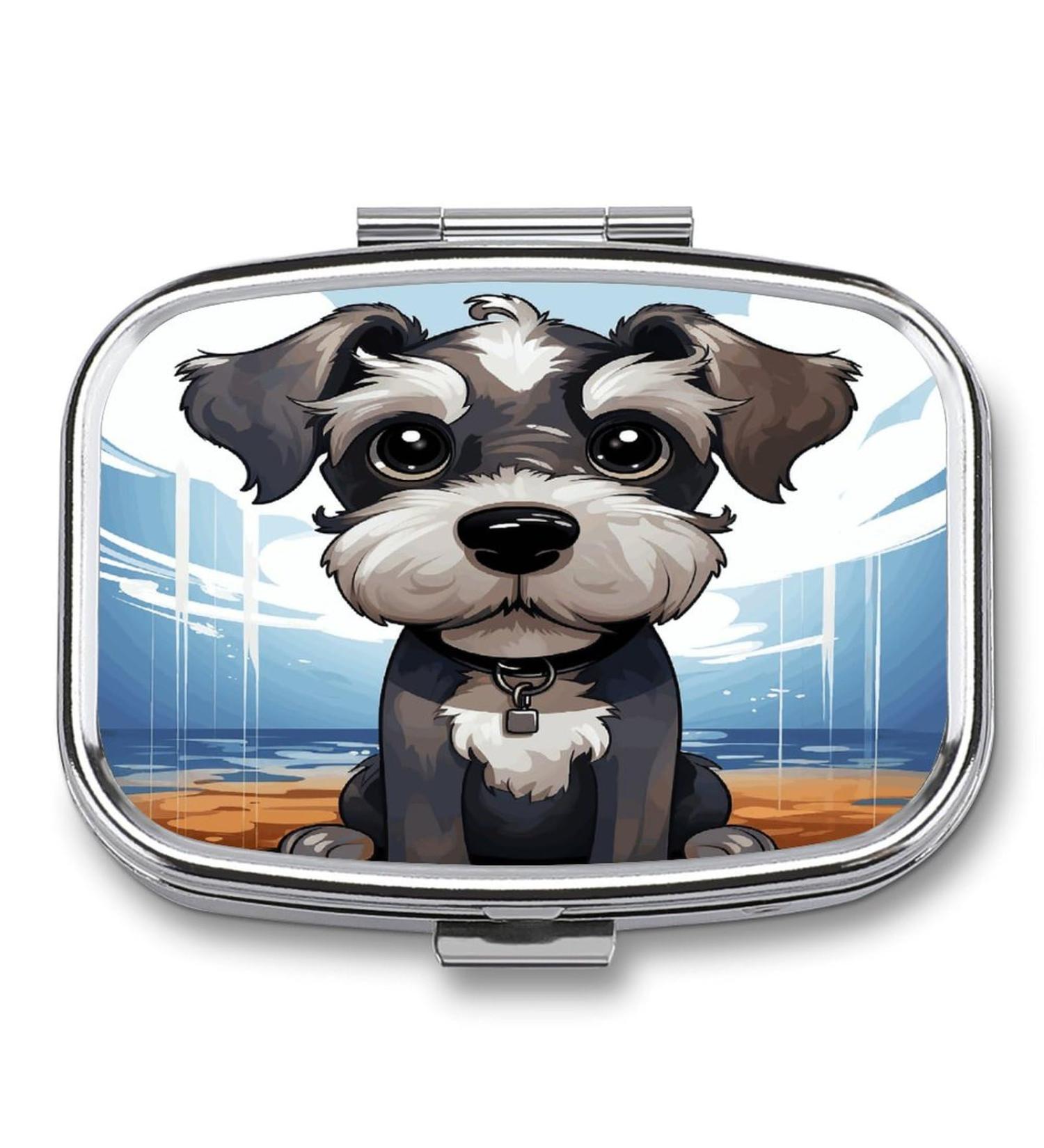 Adorable Schnauzer Print Pill Box - 2 Compartment Metal Pill Organizer for Pocket or Purse | Decorative Medicine Case - Buy Online on GoSupps.com