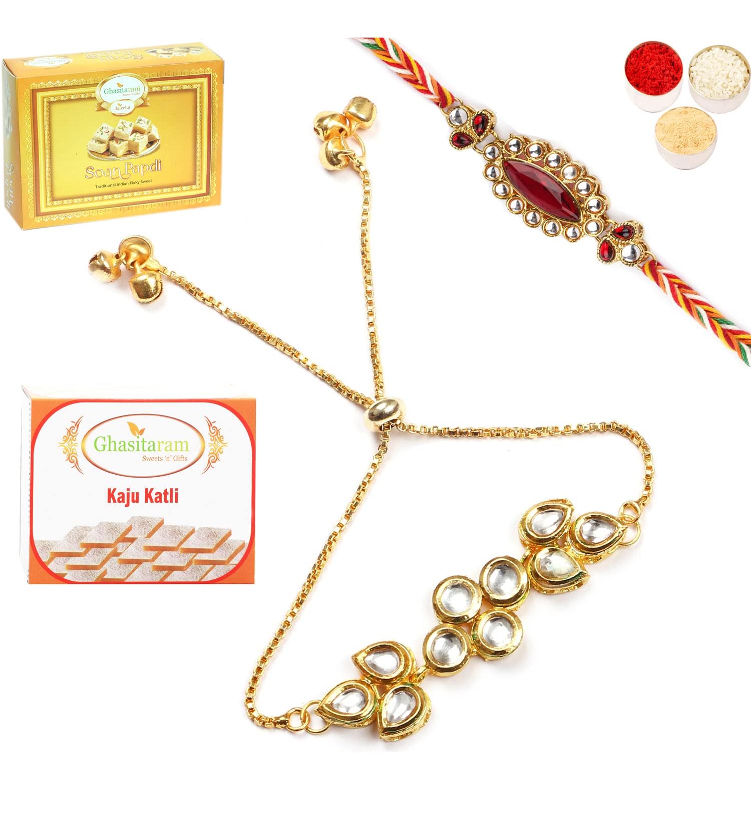 Ghasitaram Gifts Rakhis Online - Rakhi for Brother-T-23 Bhaiya Bhabhi Rakhi with 200 GMS of Kaju katli and 200 GMS of Soan Papdi Rakhi Set with 200 gms of Kaju katli & Soan Papdi - Buy Online on GoSupps.com