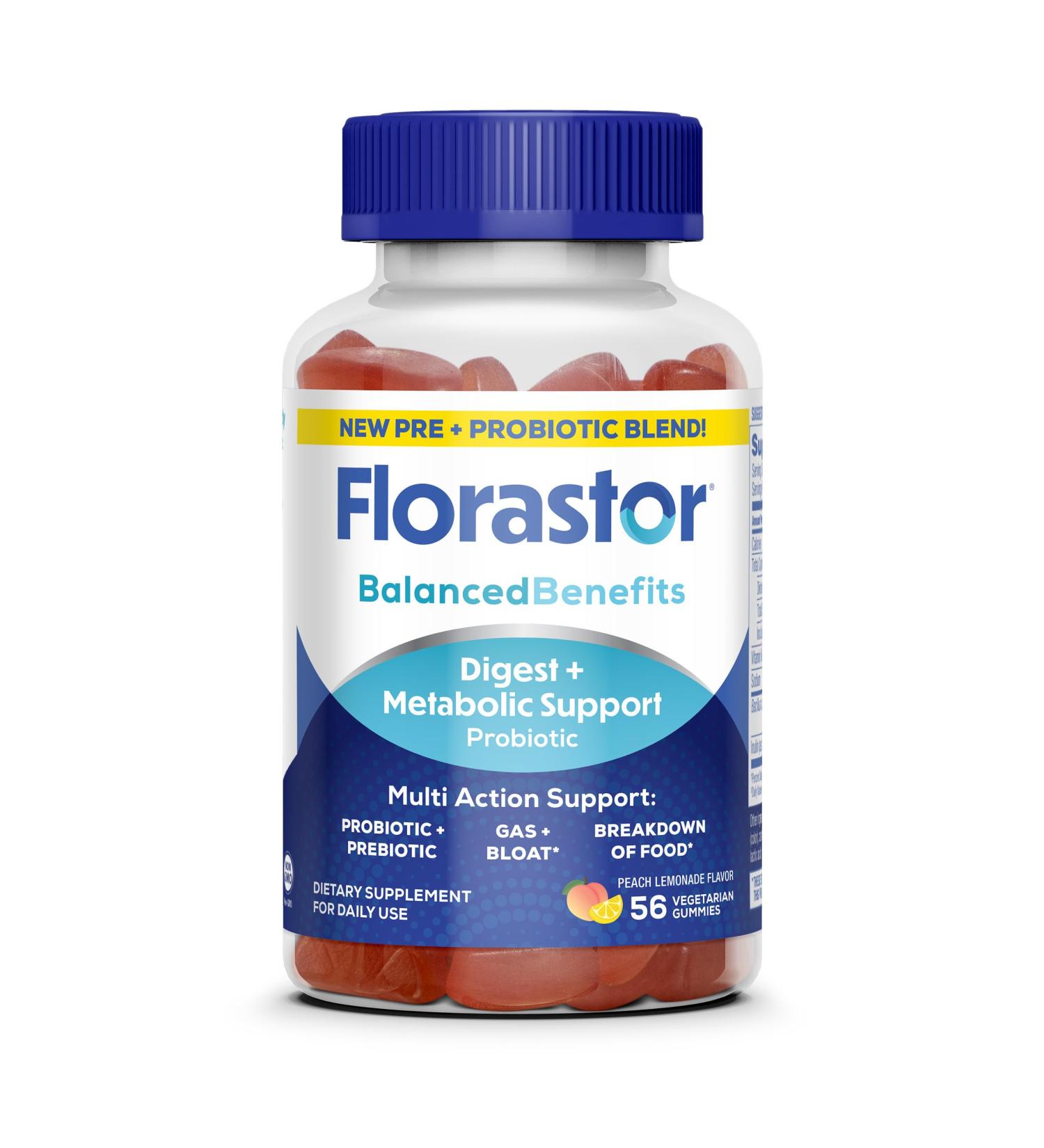 Florastor Prebiotic and Probiotic Gummies Digestive and Metabolic Support Probiotic Blend for Multi-Action Digestive Health Care with Vitamin B12 56 Gummies 56 Count (Pack of 1) - Buy Online on GoSupps.com