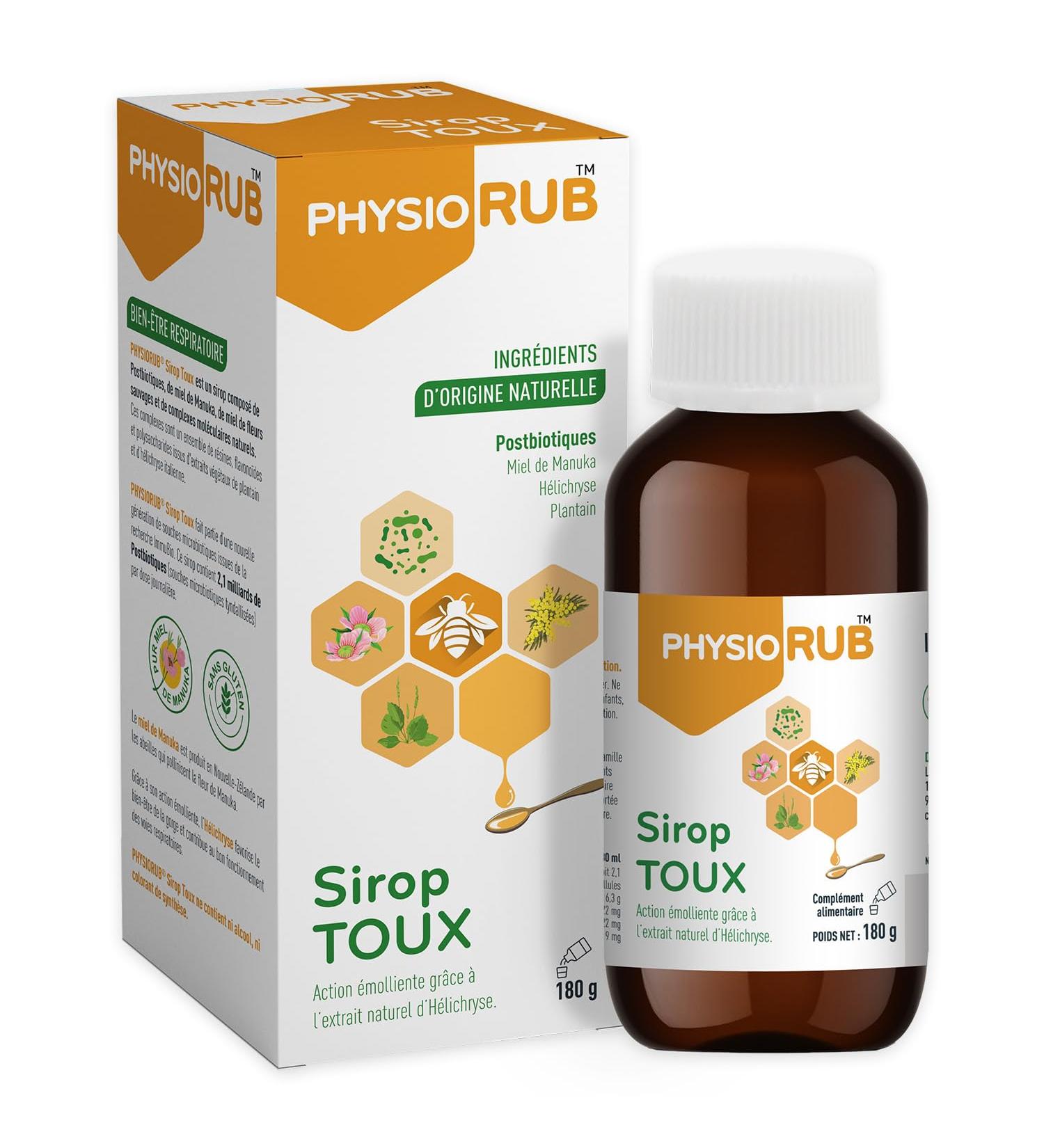 Sirop Toux PhysioRUB(tm) - Postbiotiques & Miel de Manuka - Maux de gorge - Immortelle & Plantain - Fabriqu en France - 180g - Buy Online on GoSupps.com