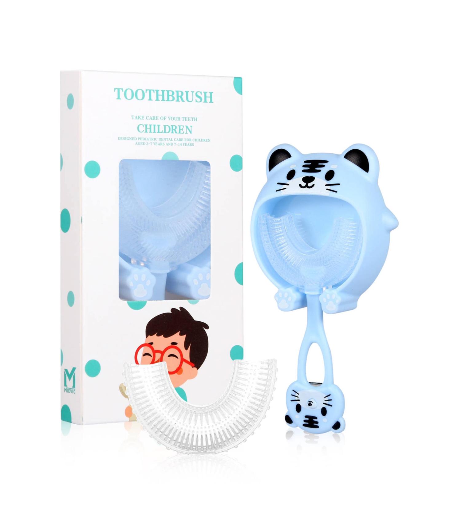 AJM Kids U-Shaped Silicone Toothbrush with 2 Removable Heads and Dust Cover - Tiger Blue | 360 Oral Teeth Cleaning Design for Kids (Age 2-12) - Buy Online on GoSupps.com
