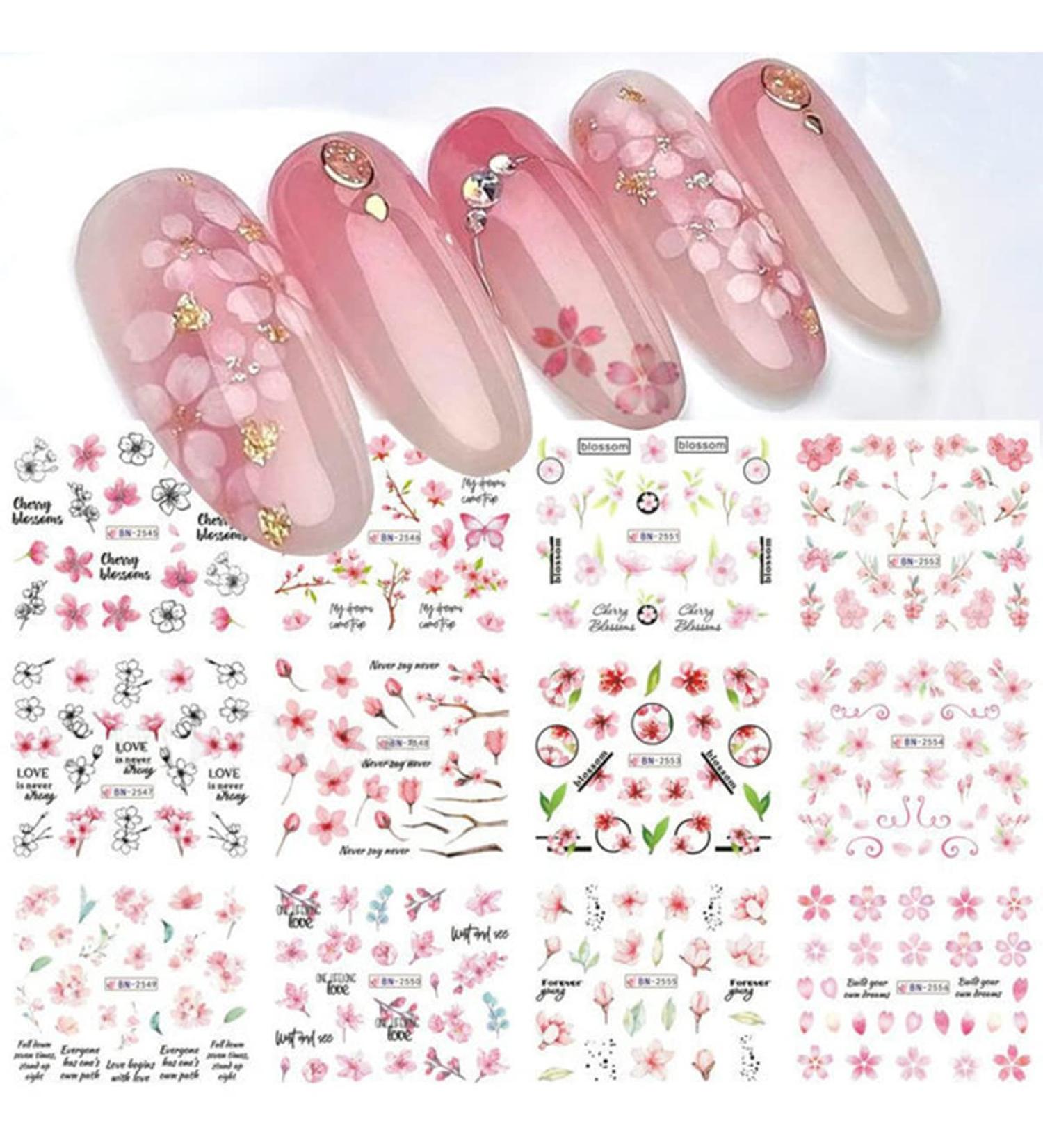 12PCS Sakura Nail Sticker Decals - Cherry Blossom Transfer Foil for Nail Art | Spring Floral Water Slider Accessory - Buy Online on GoSupps.com