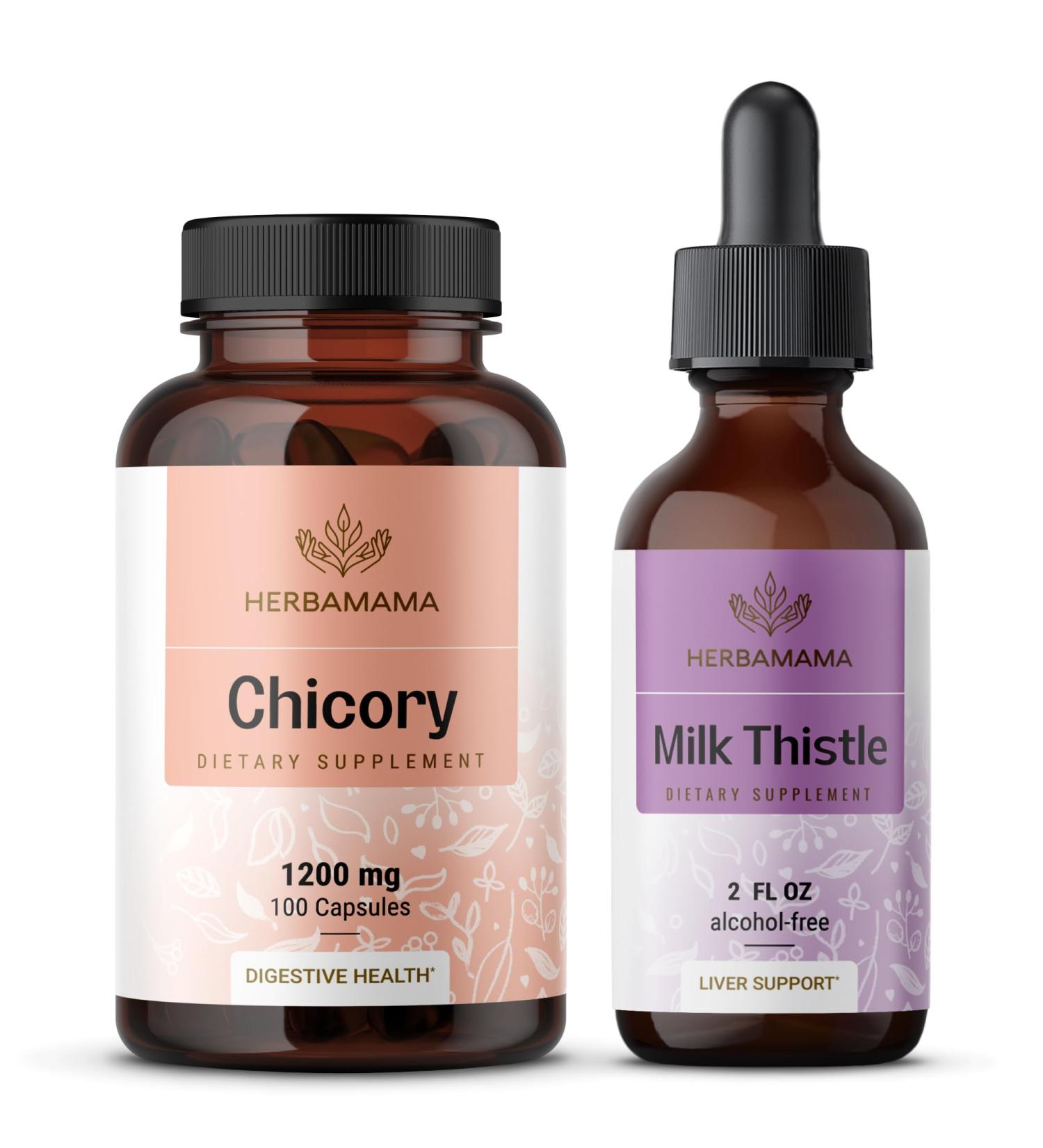 HERBAMAMA Chicory and Milk Thistle Kit - Bundle of 1200 mg Chicory Root Capsules & Milk Thistle Tincture 2 fl oz - Vegan Non-GMO Sugar & Alcohol-Free - 2 Pack - Buy Online on GoSupps.com