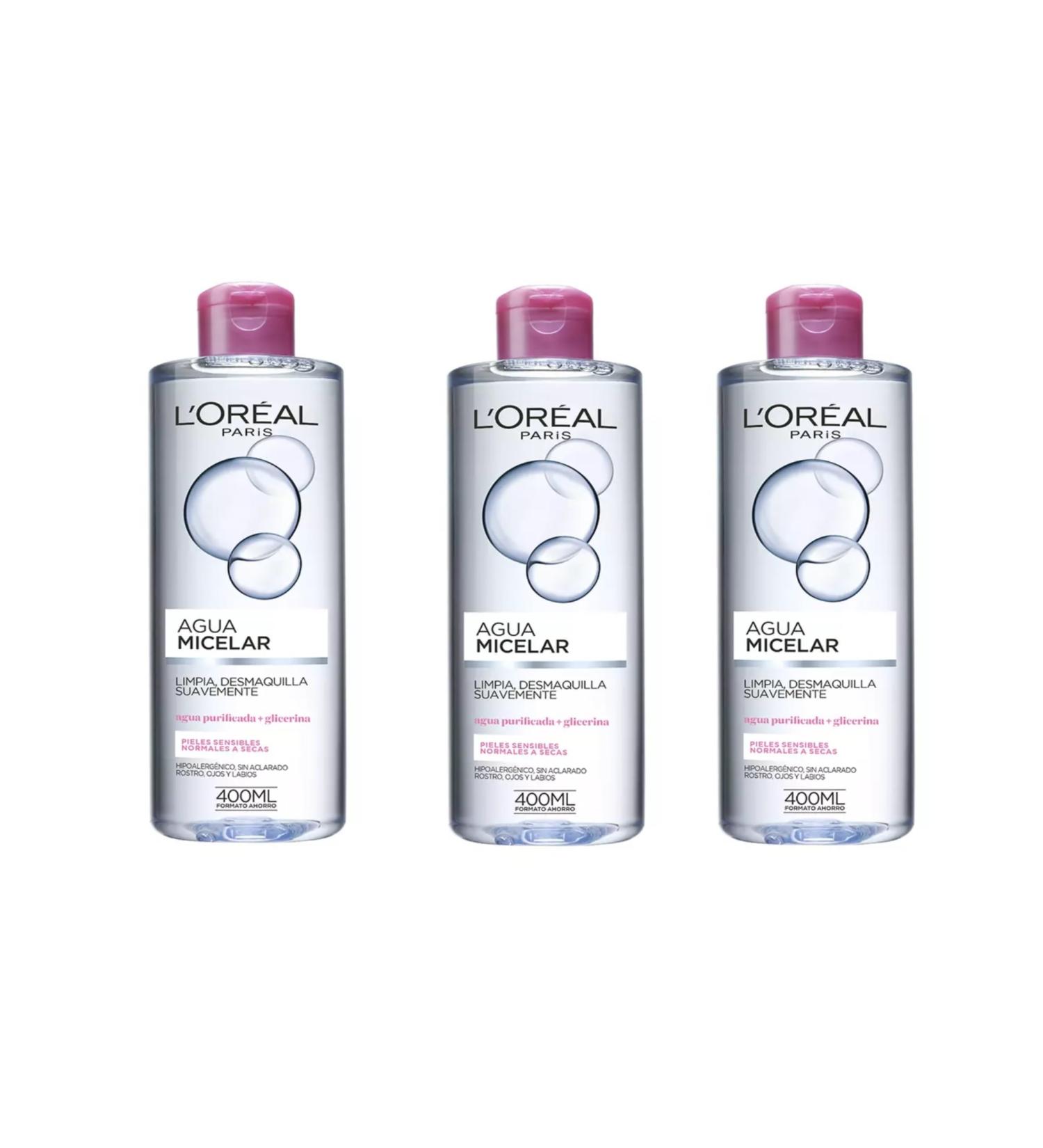 L'OREAL Lot X3 Micelar Water 400ml - Dry and Sensitive Skin - Deeply cleanse your skin - Remove makeup and cleanse the face effectively. - Buy Online on GoSupps.com